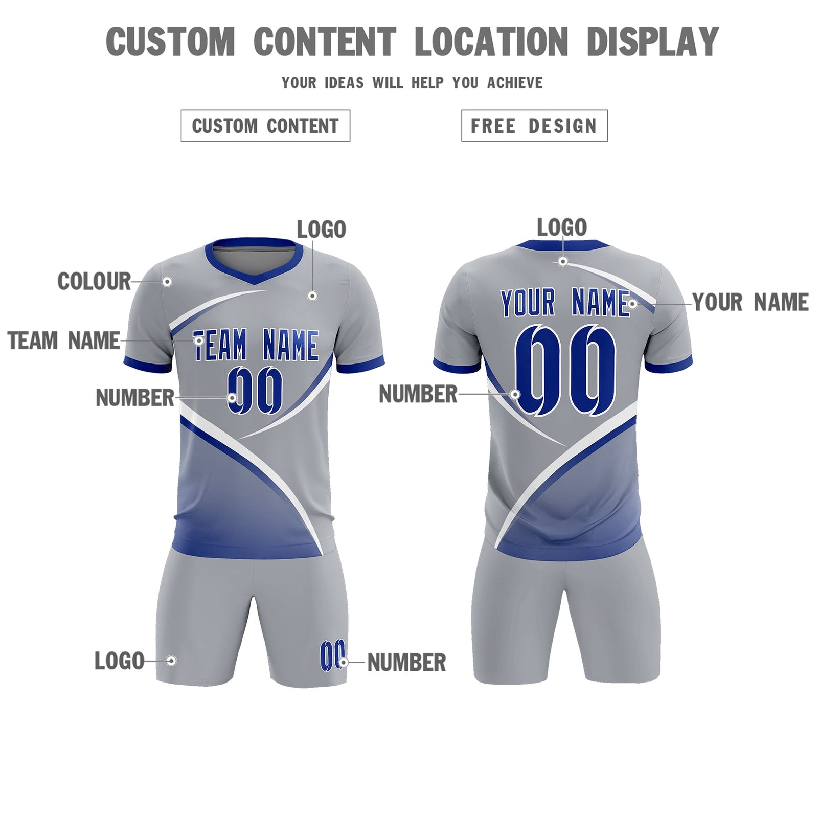 Custom Gray Royal Color Block Training Uniform For Men Soccer Sets Jersey