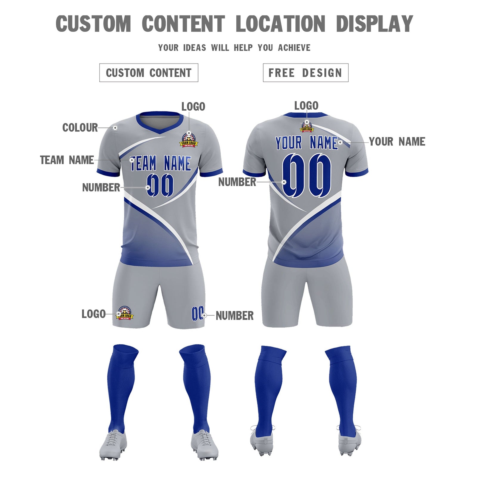 Custom Gray Royal Color Block Training Uniform For Men Soccer Sets Jersey