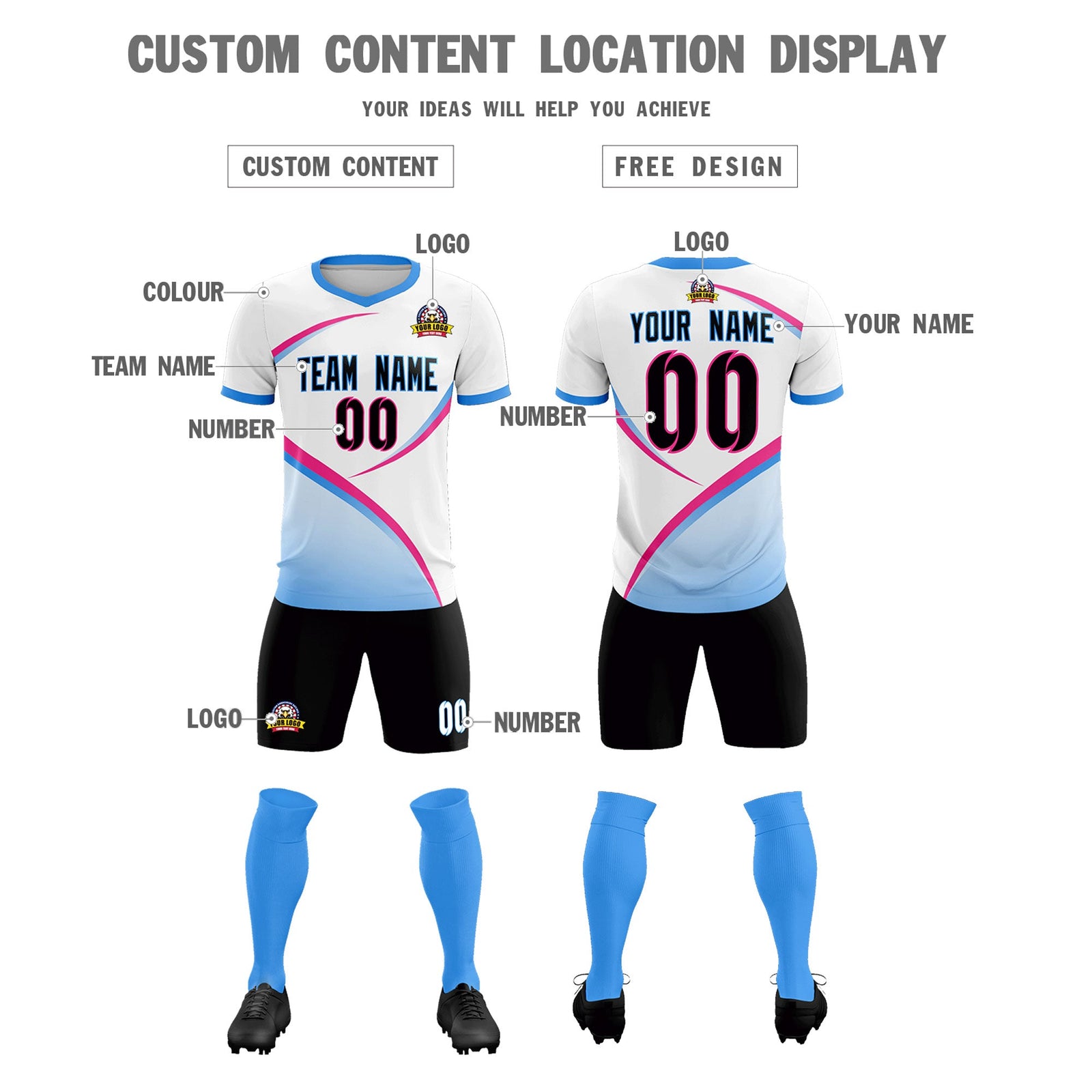 Custom White Powder Blue Color Block Training Uniform For Men Soccer Sets Jersey