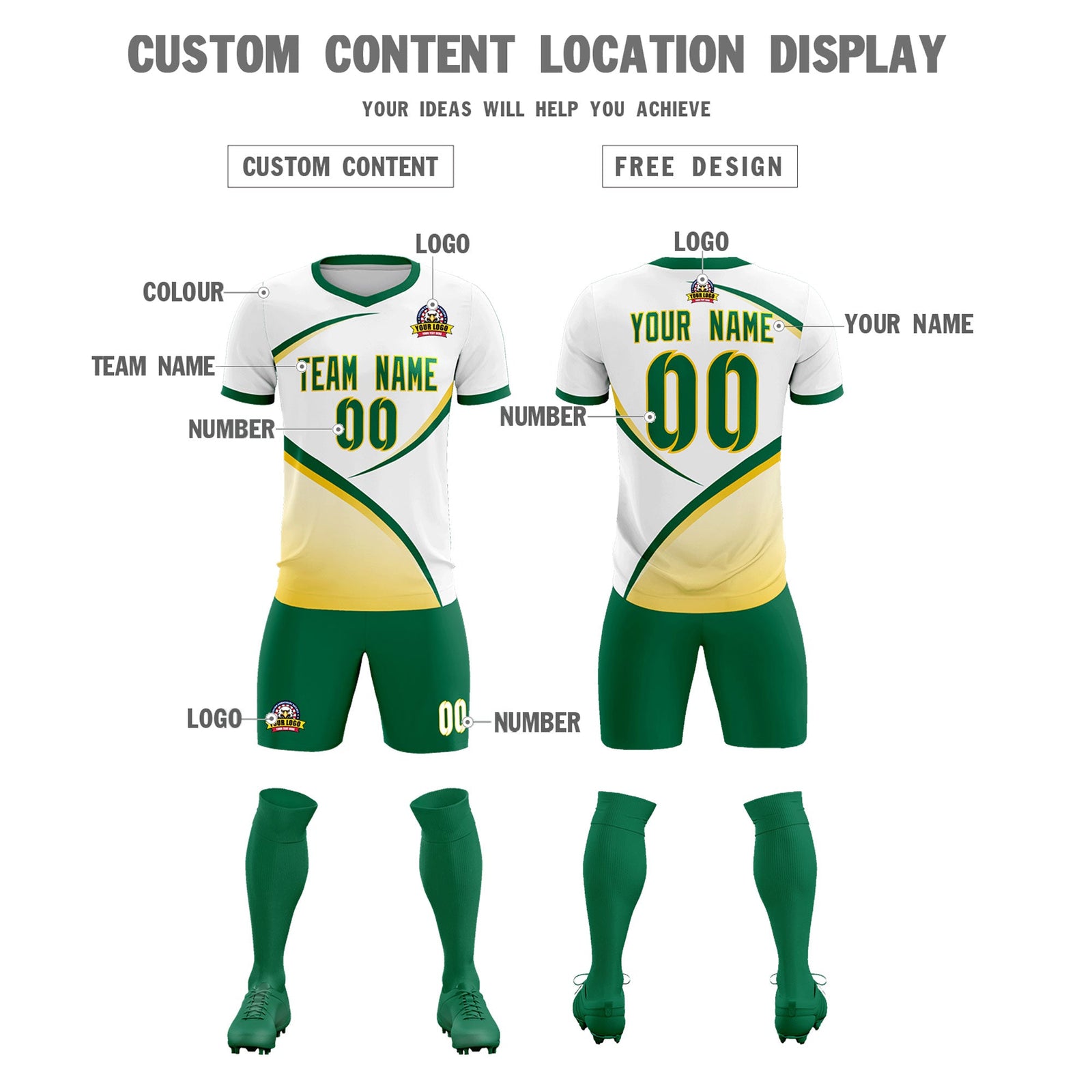 Custom White Kelly Green Color Block Training Uniform For Men Soccer Sets Jersey