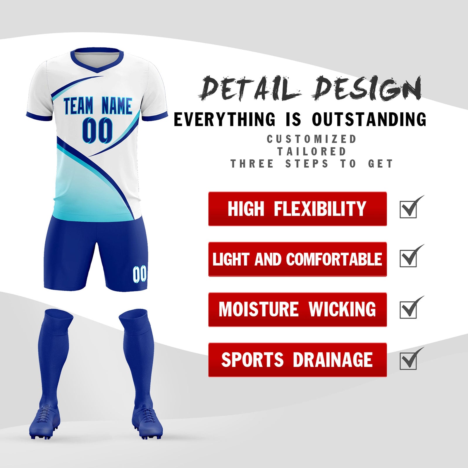 Custom White Sky Blue Color Block Training Uniform For Men Soccer Sets Jersey