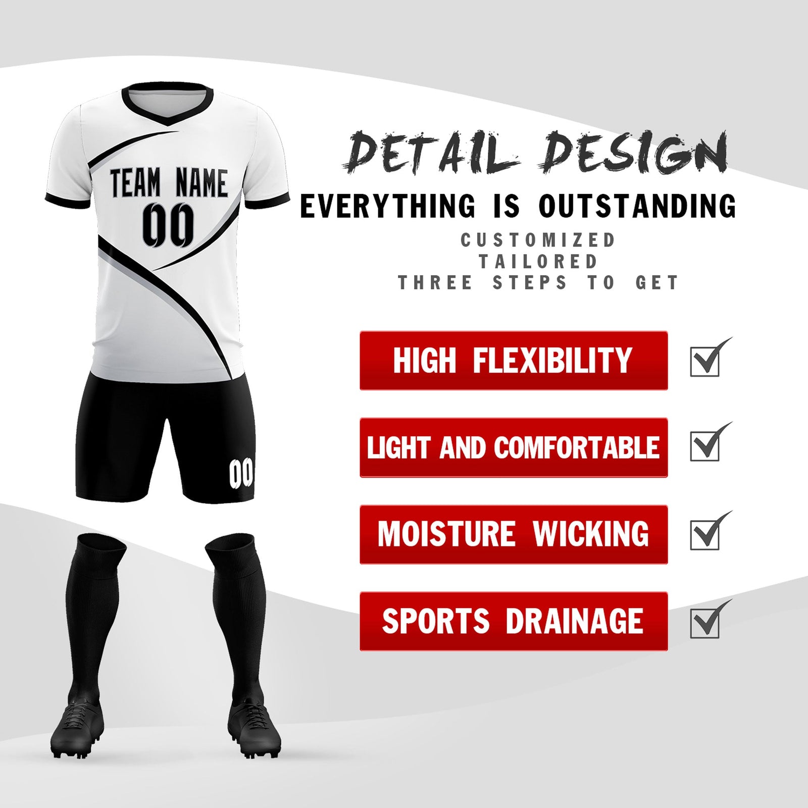 Custom White Black Color Block Training Uniform For Men Soccer Sets Jersey