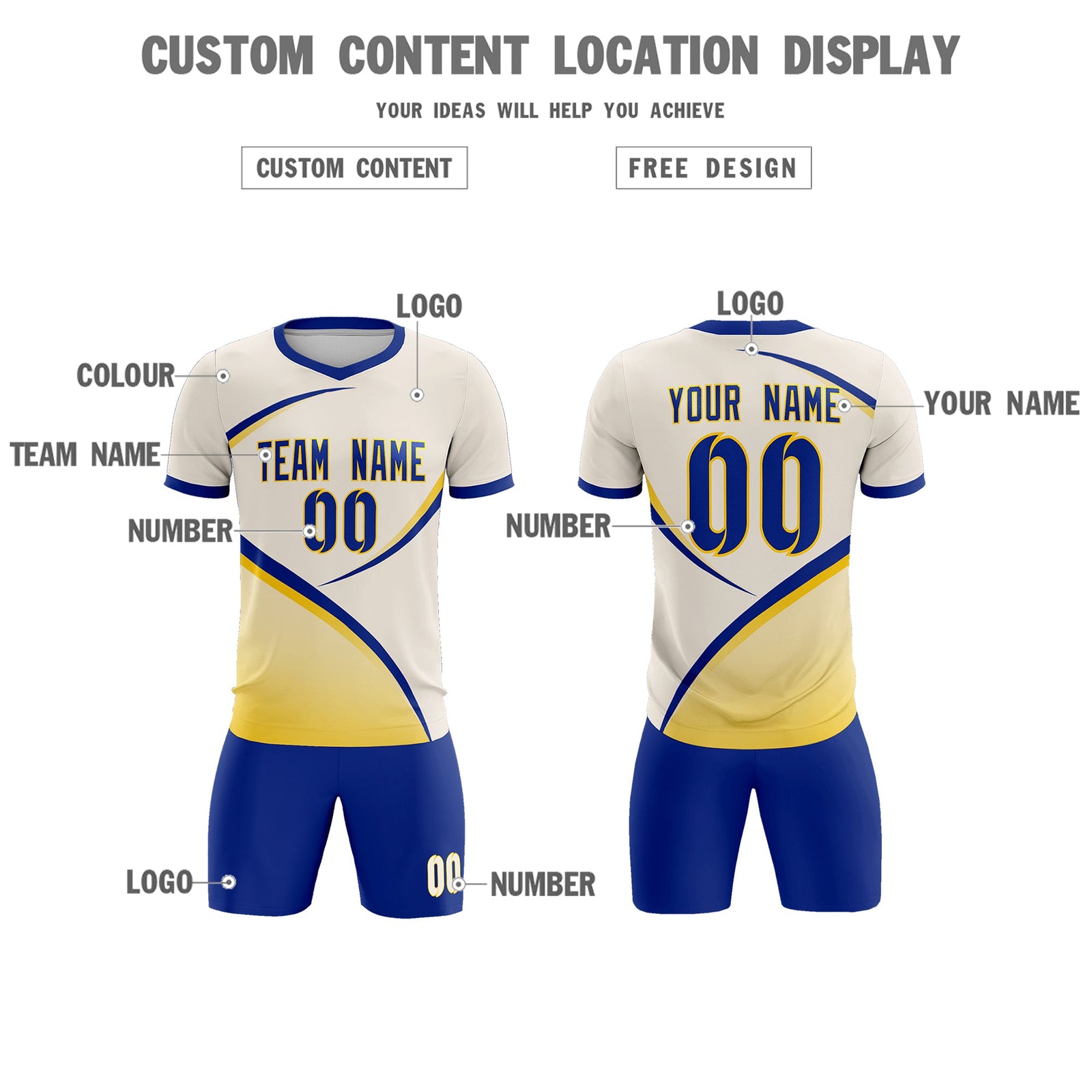 Custom Cream Royal Color Block Training Uniform For Men Soccer Sets Jersey