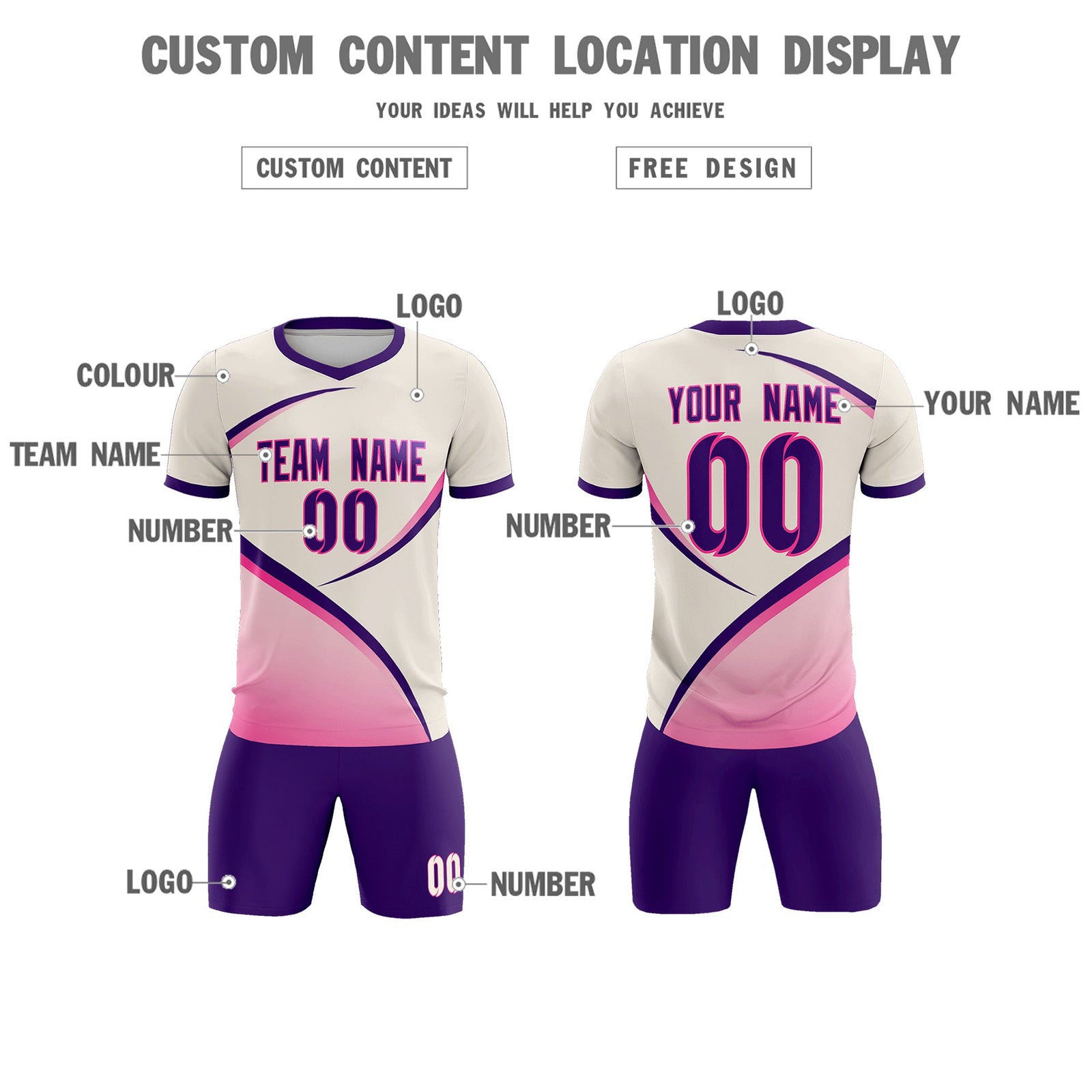 Custom Cream Purple Color Block Training Uniform For Men Soccer Sets Jersey