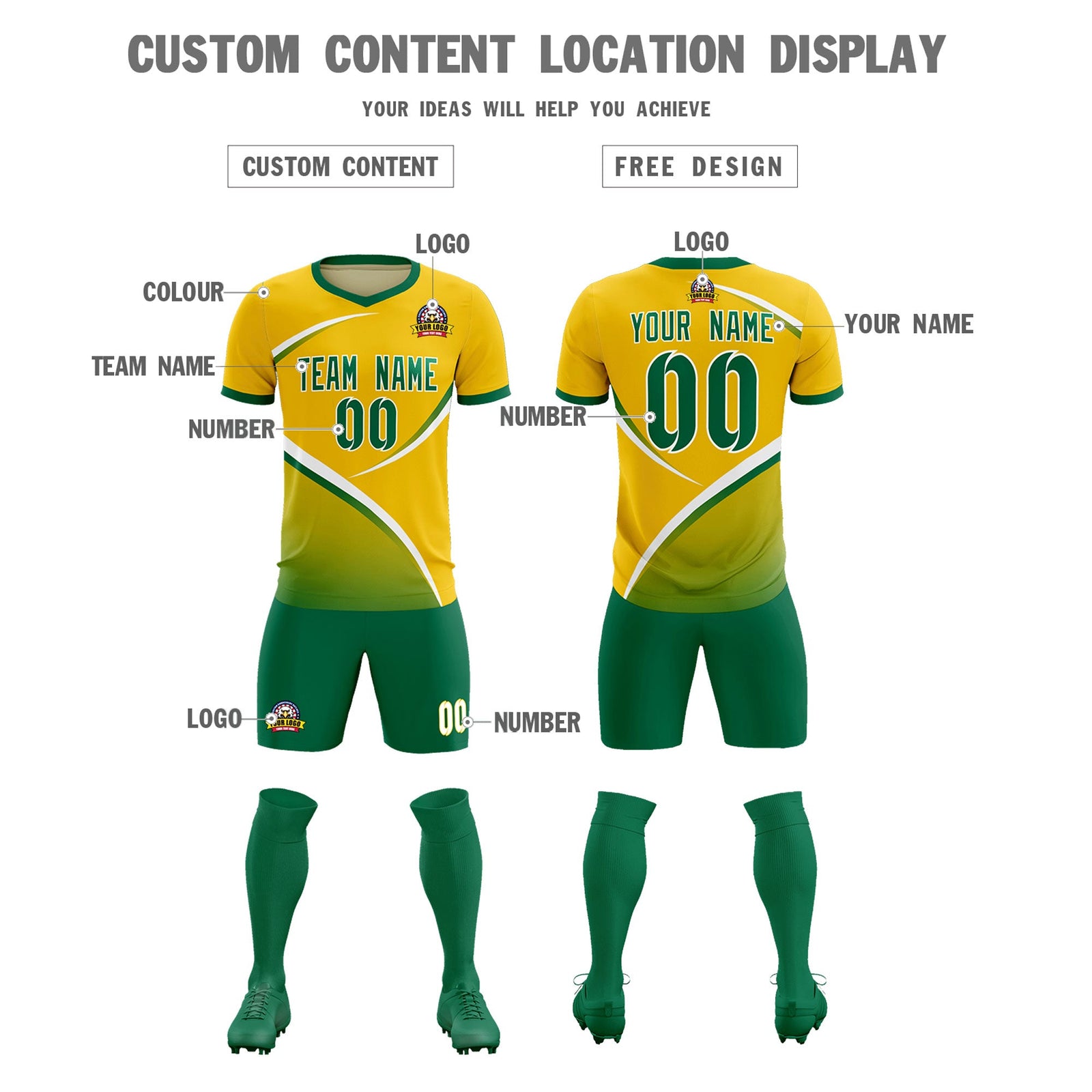 Custom Gold Kelly Green Color Block Training Uniform For Men Soccer Sets Jersey