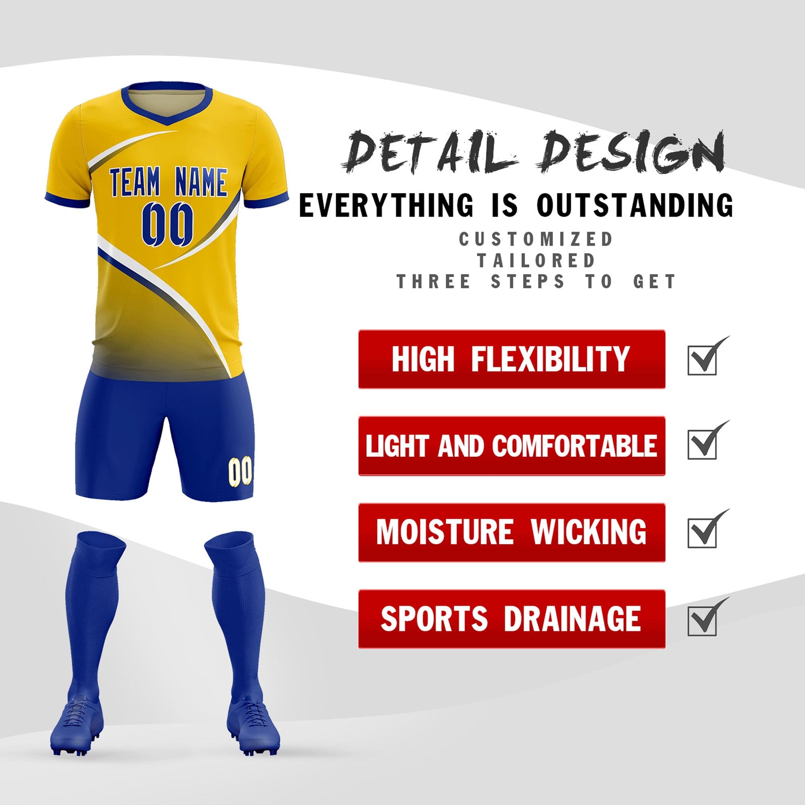 Custom Gold Royal Color Block Training Uniform For Men Soccer Sets Jersey