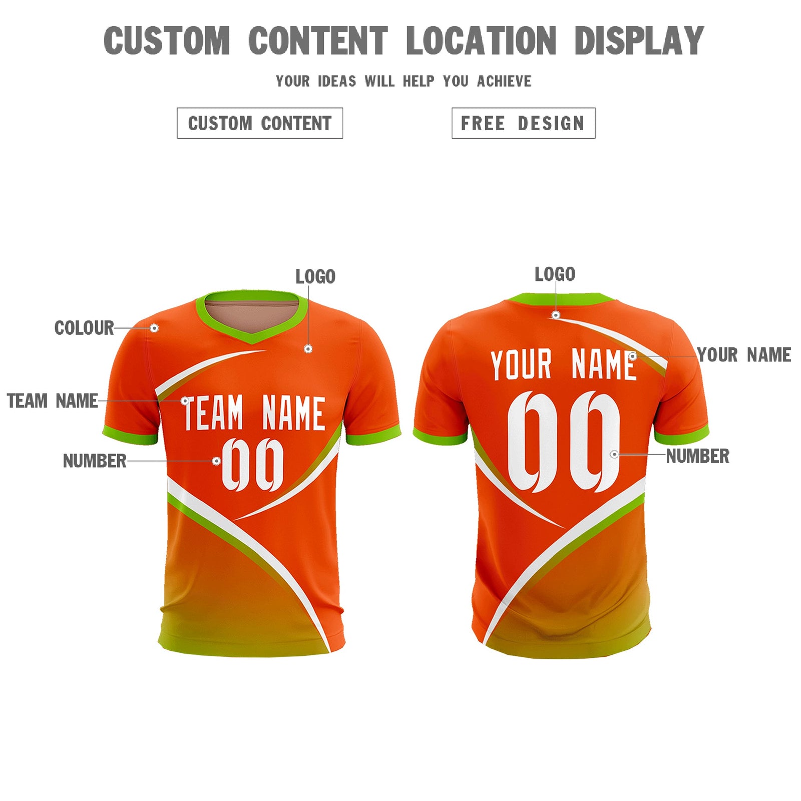 Custom Orange Neon Green Color Block Training Uniform For Men Soccer Sets Jersey