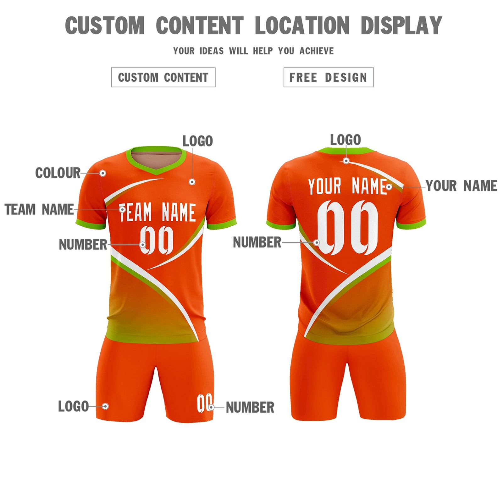 Custom Orange Neon Green Color Block Training Uniform For Men Soccer Sets Jersey