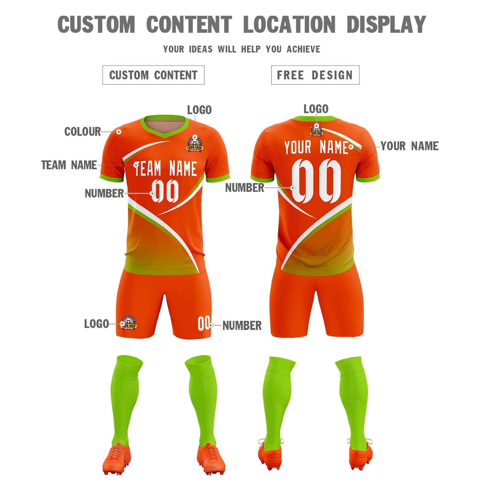 Custom Orange Neon Green Color Block Training Uniform For Men Soccer Sets Jersey
