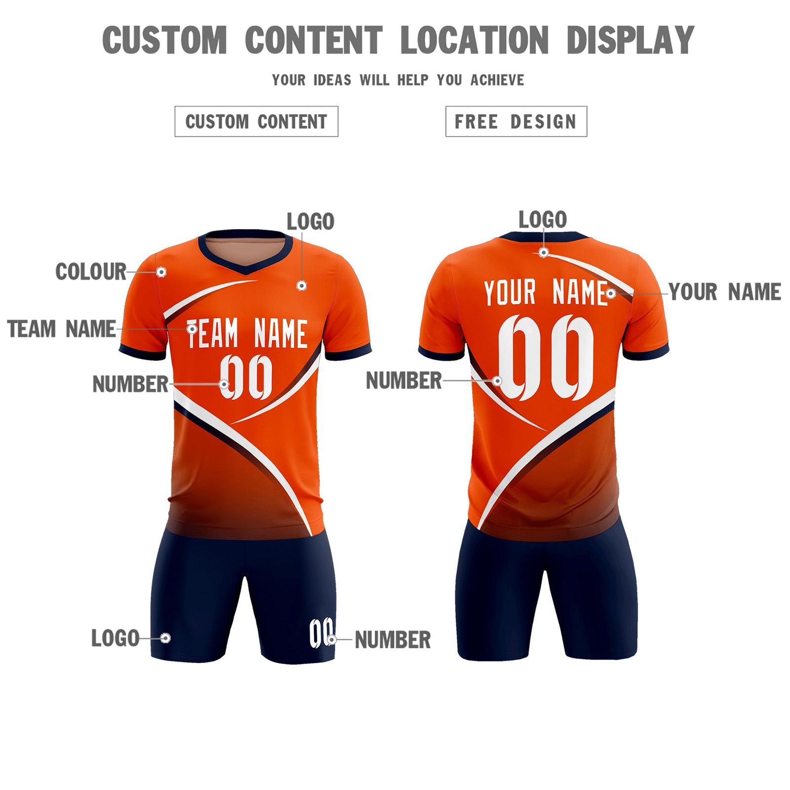 Custom Orange Navy Color Block Training Uniform For Men Soccer Sets Jersey