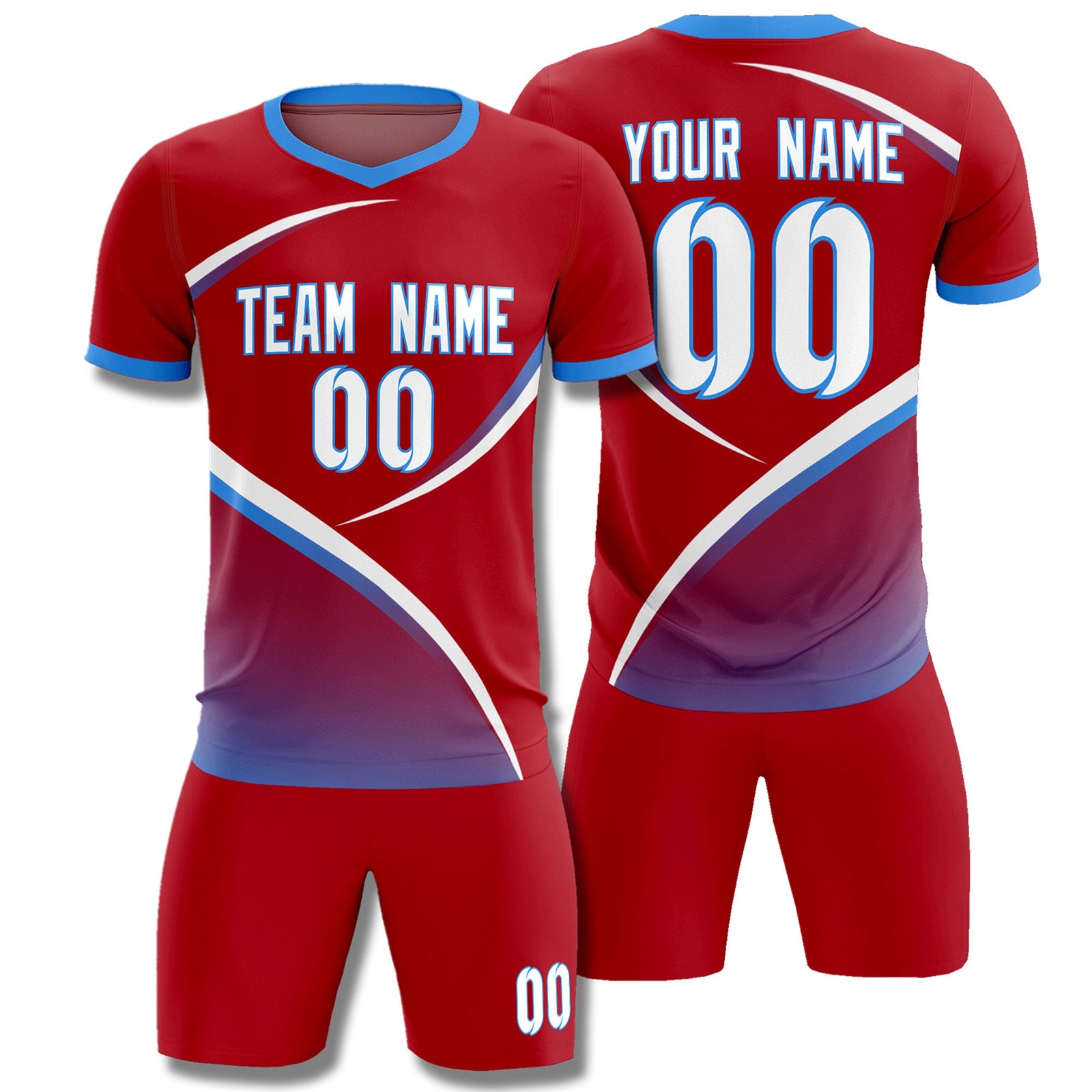Custom Red Powder Blue Color Block Training Uniform For Men Soccer Sets Jersey