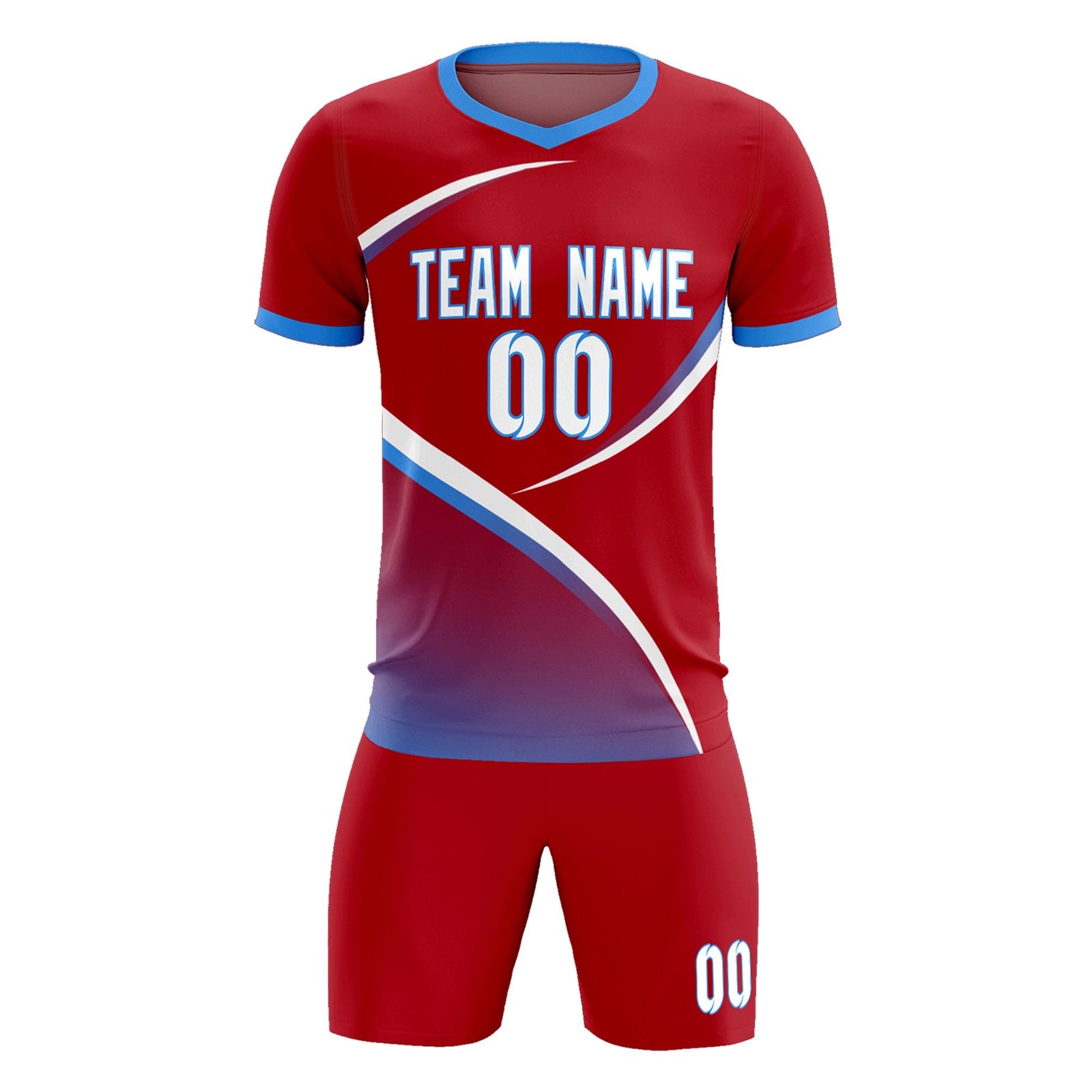 Custom Red Powder Blue Color Block Training Uniform For Men Soccer Sets Jersey