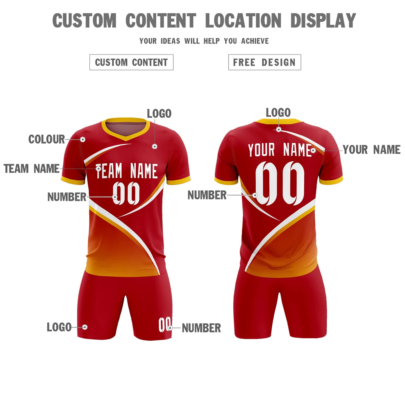 Custom Red Gold Color Block Training Uniform For Men Soccer Sets Jersey
