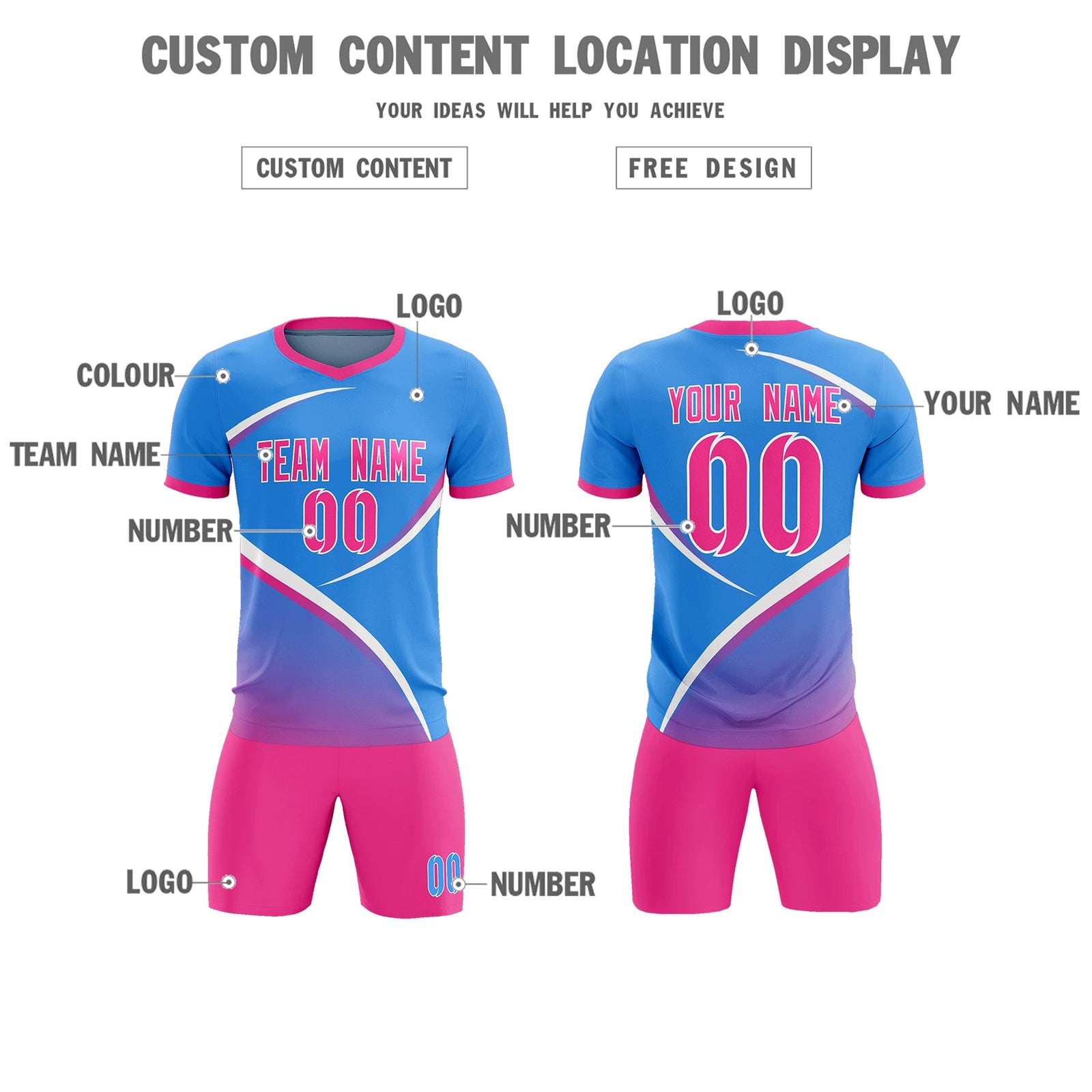 Custom Powder Blue Pink Color Block Training Uniform For Men Soccer Sets Jersey