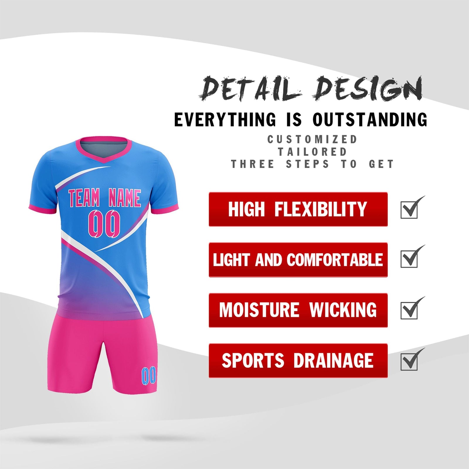 Custom Powder Blue Pink Color Block Training Uniform For Men Soccer Sets Jersey