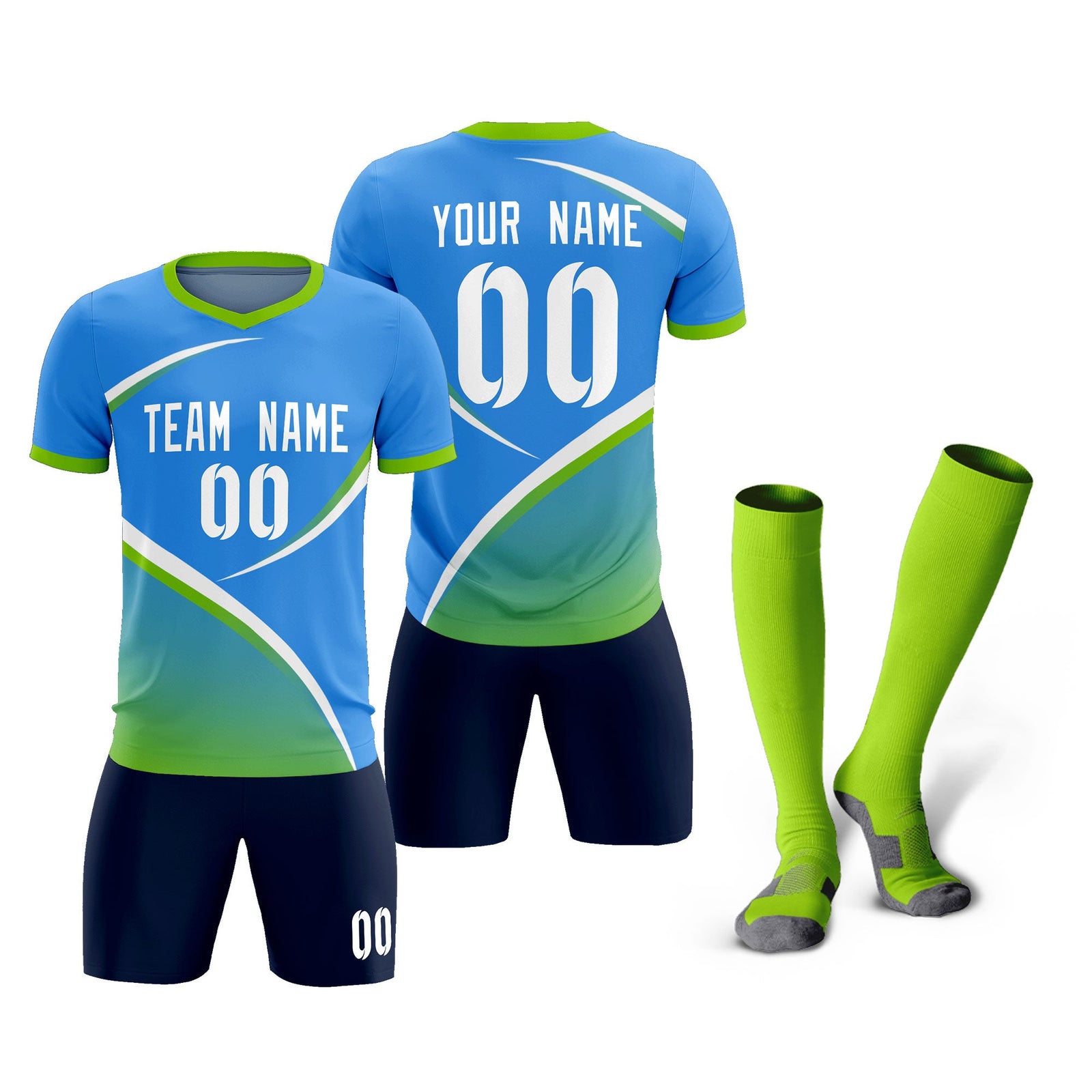 Custom Powder Blue Neon Green Color Block Training Uniform For Men Soccer Sets Jersey