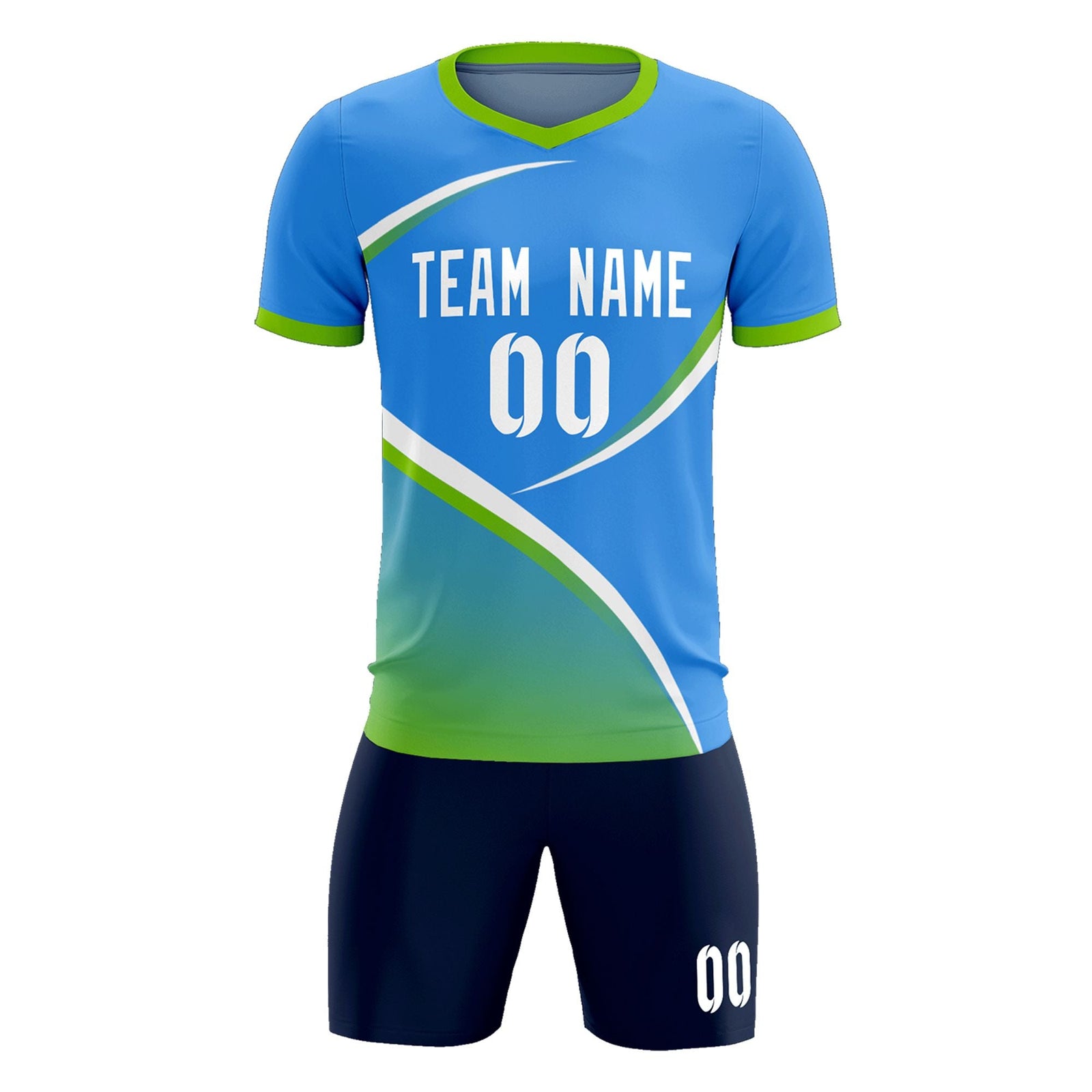 Custom Powder Blue Neon Green Color Block Training Uniform For Men Soccer Sets Jersey