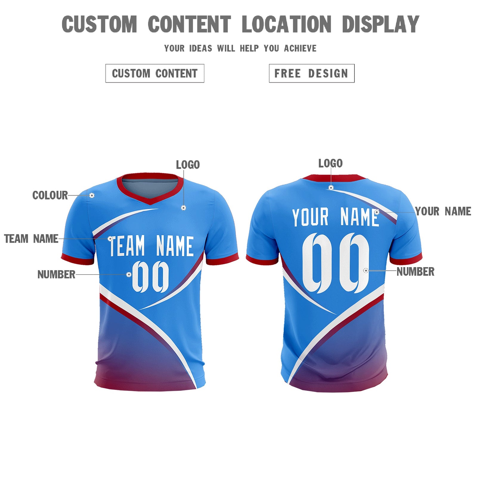 Custom Powder Blue Red Color Block Training Uniform For Men Soccer Sets Jersey