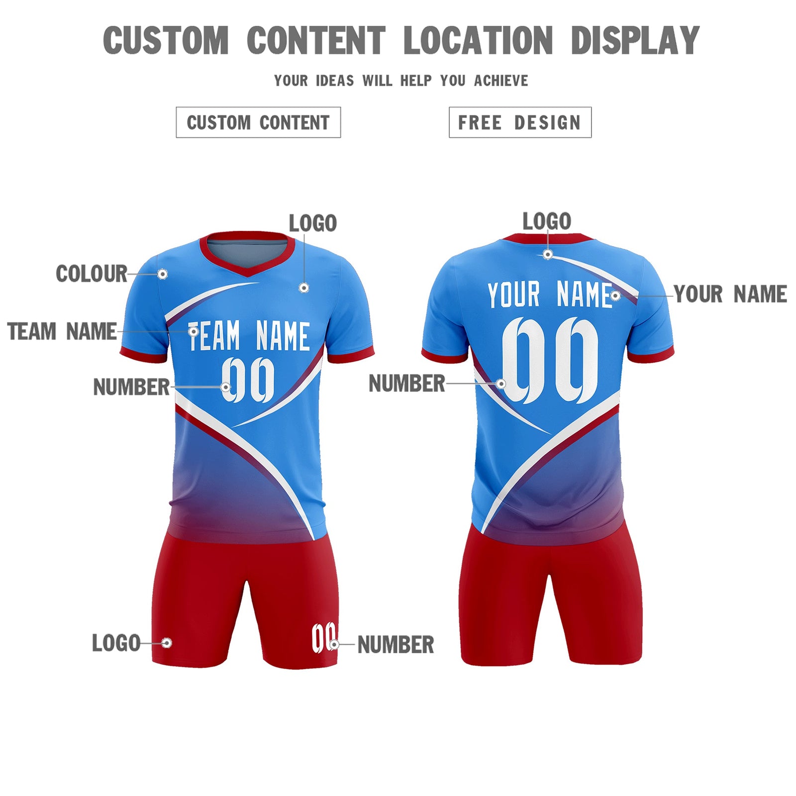 Custom Powder Blue Red Color Block Training Uniform For Men Soccer Sets Jersey