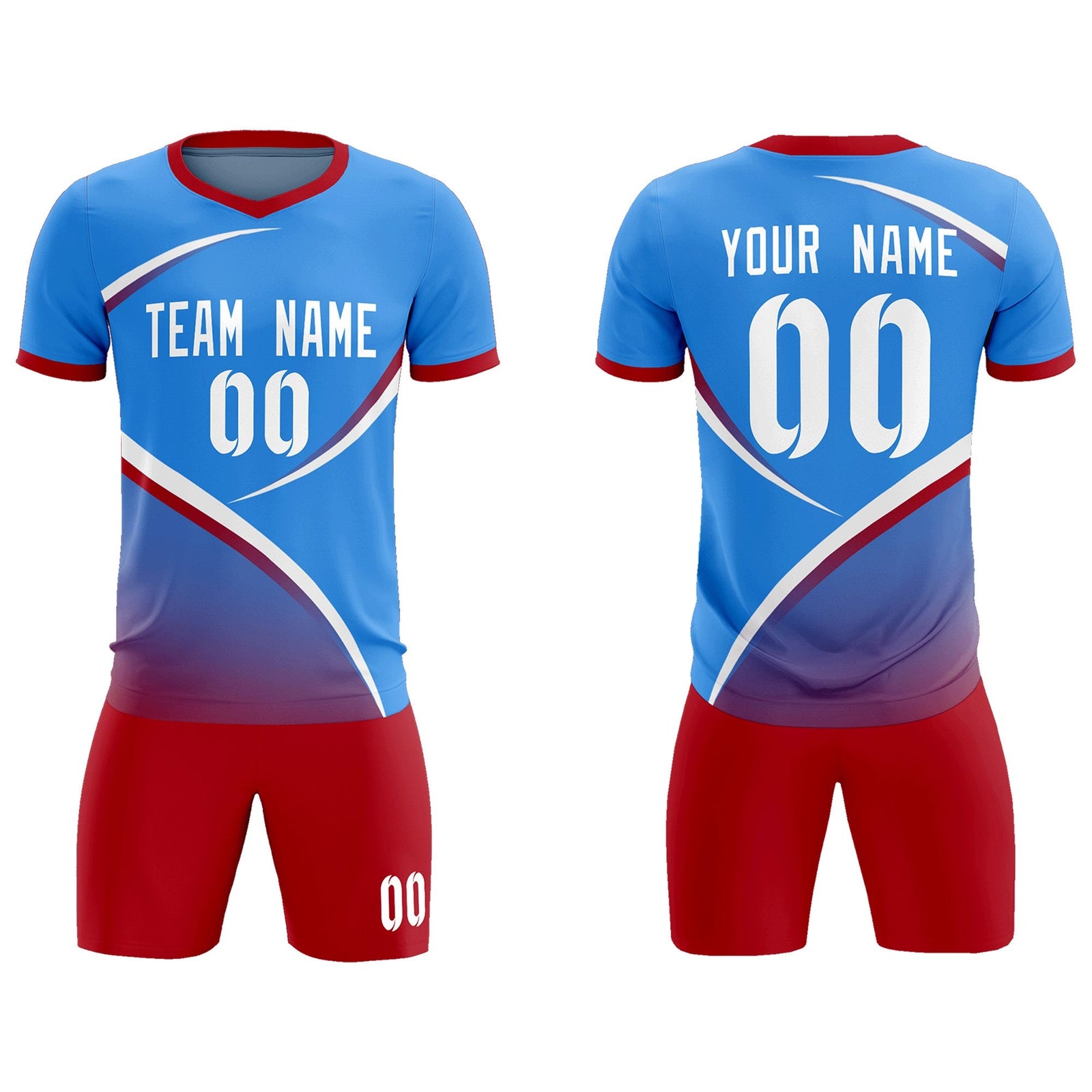 Custom Powder Blue Red Color Block Training Uniform For Men Soccer Sets Jersey