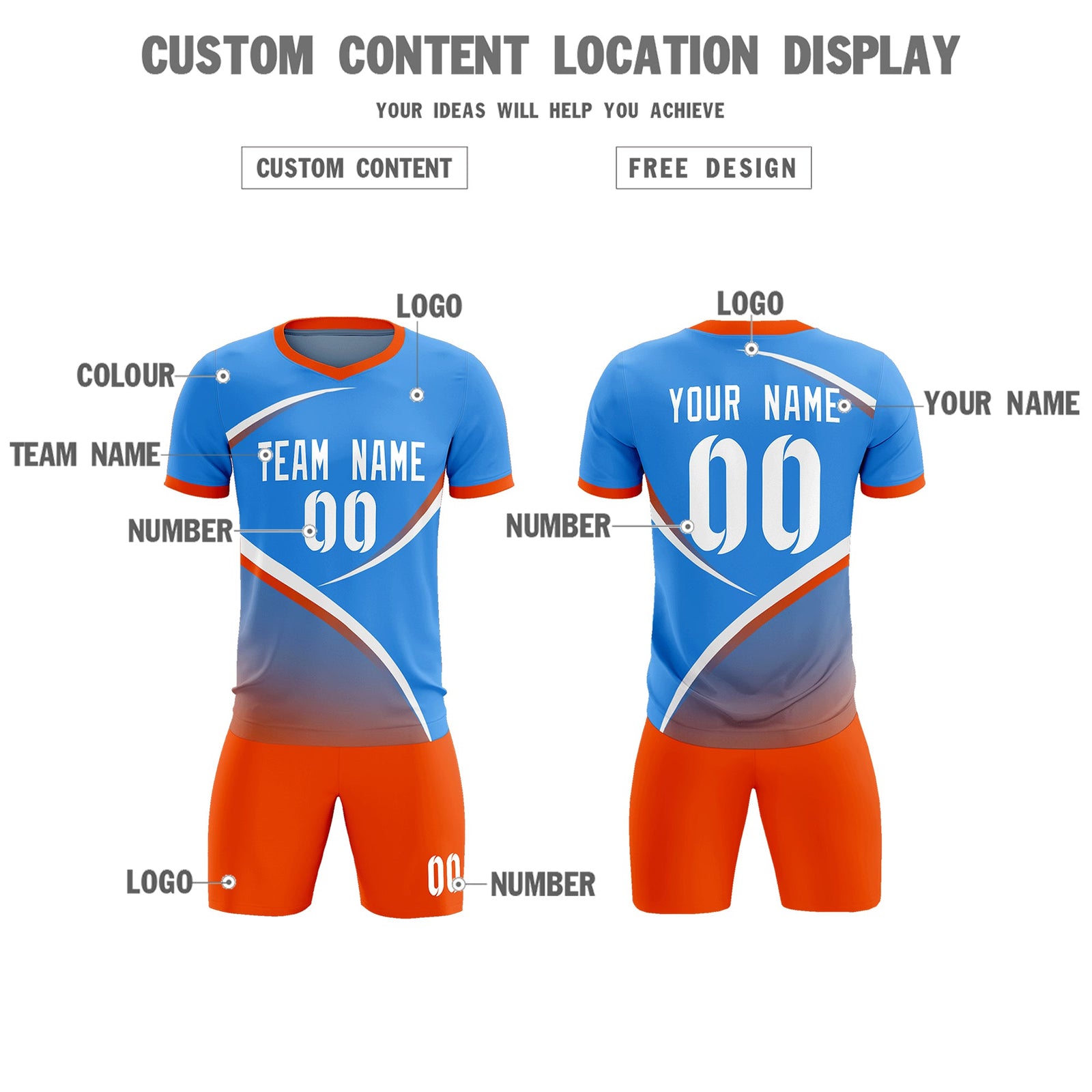 Custom Powder Blue Orange Color Block Training Uniform For Men Soccer Sets Jersey