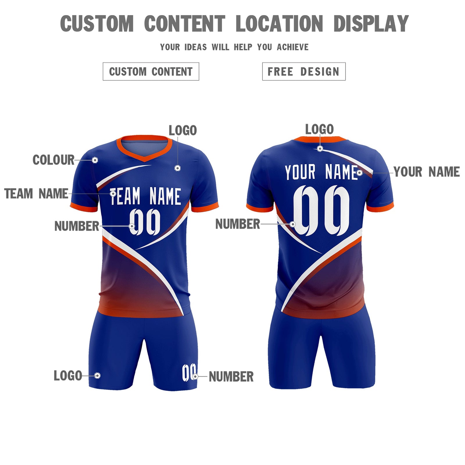 Custom Royal Orange Color Block Training Uniform For Men Soccer Sets Jersey