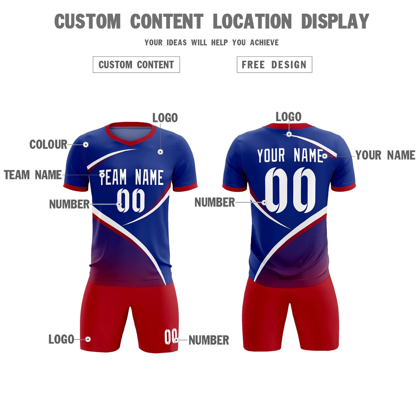 Custom Royal Red Color Block Training Uniform For Men Soccer Sets Jersey