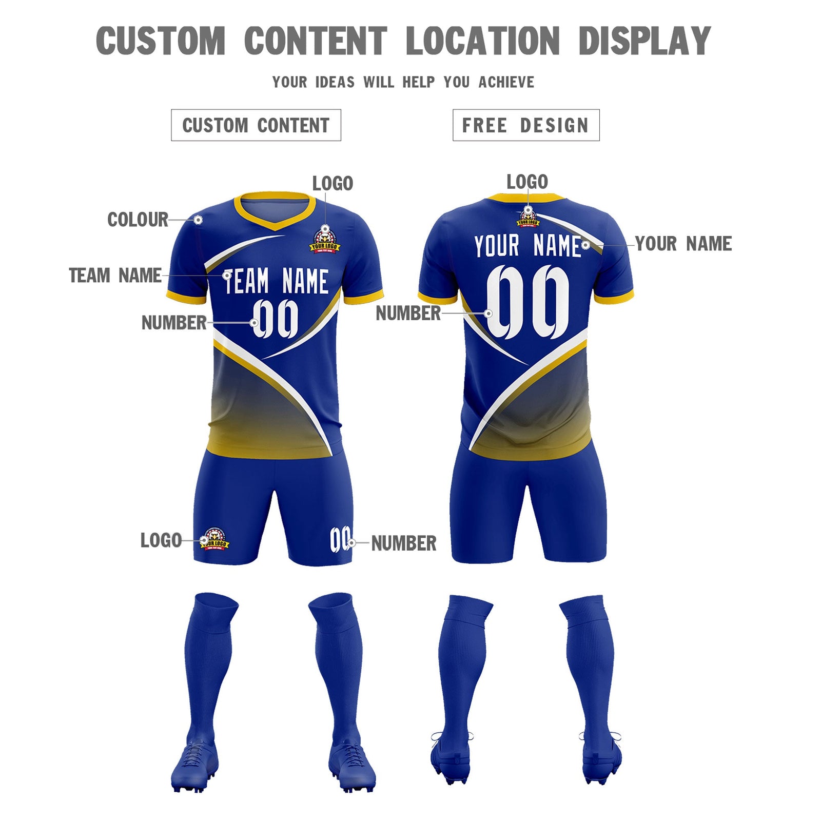 Custom Royal Gold Color Block Training Uniform For Men Soccer Sets Jersey