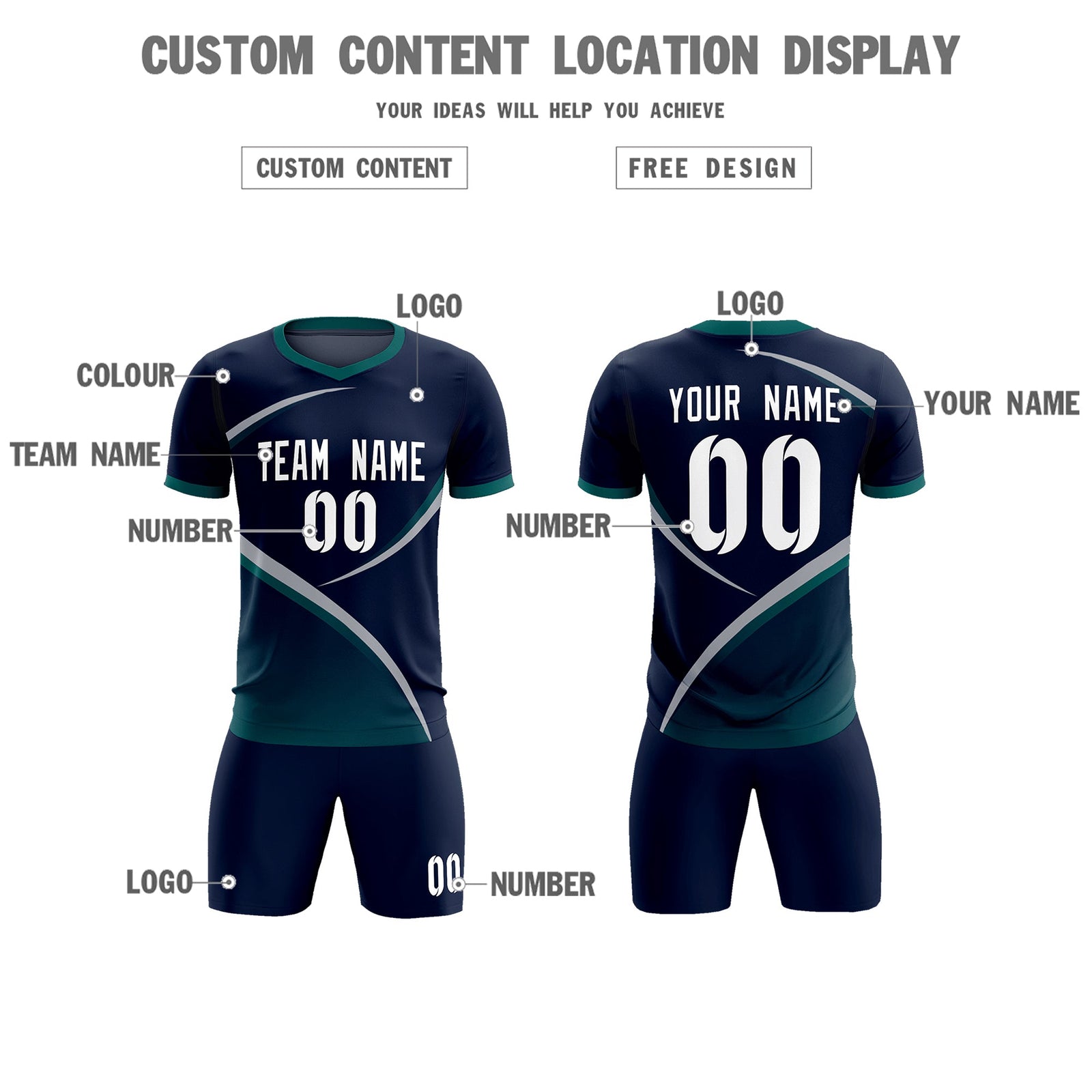 Custom Navy Aqua Color Block Training Uniform For Men Soccer Sets Jersey