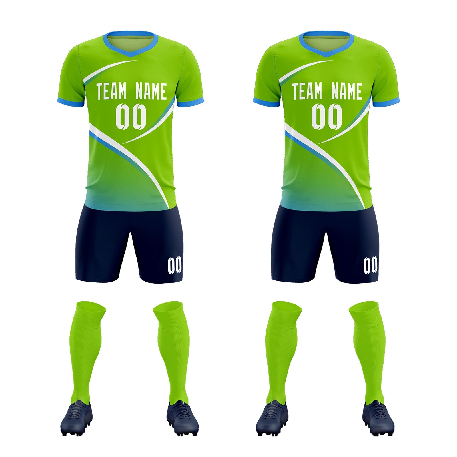 Custom Neon Green Powder Blue Color Block Training Uniform For Men Soccer Sets Jersey