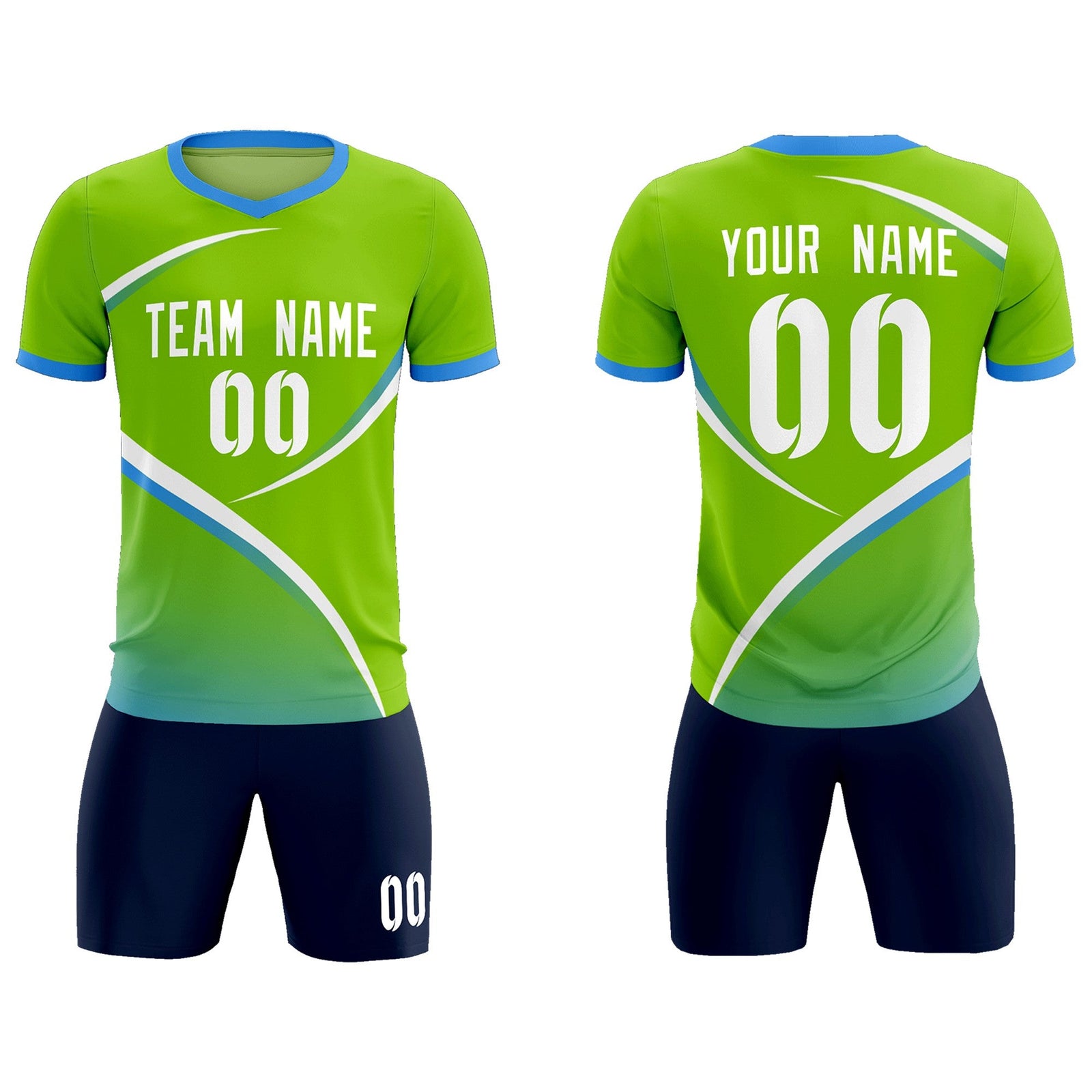 Custom Neon Green Powder Blue Color Block Training Uniform For Men Soccer Sets Jersey