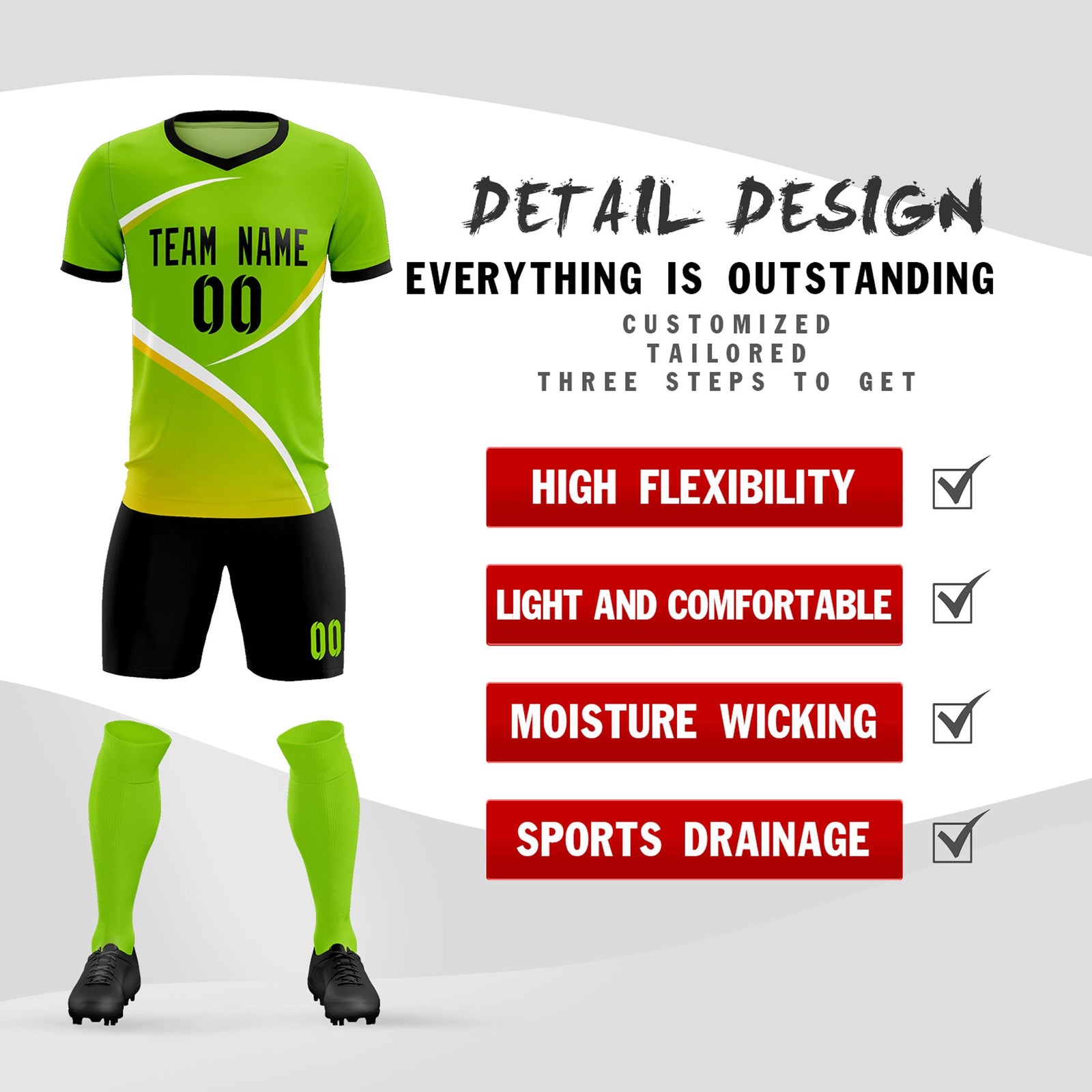 Custom Neon Green Black Color Block Training Uniform For Men Soccer Sets Jersey
