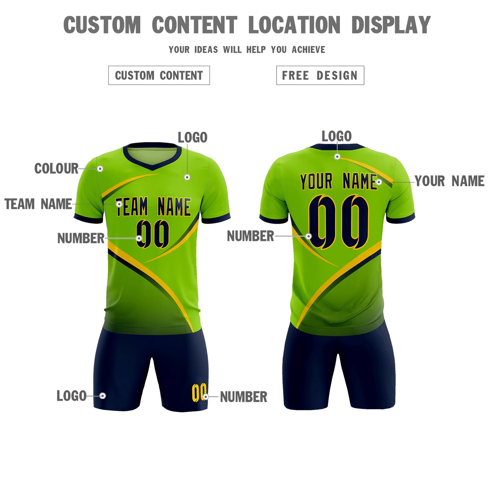 Custom Neon Green Navy Color Block Training Uniform For Men Soccer Sets Jersey