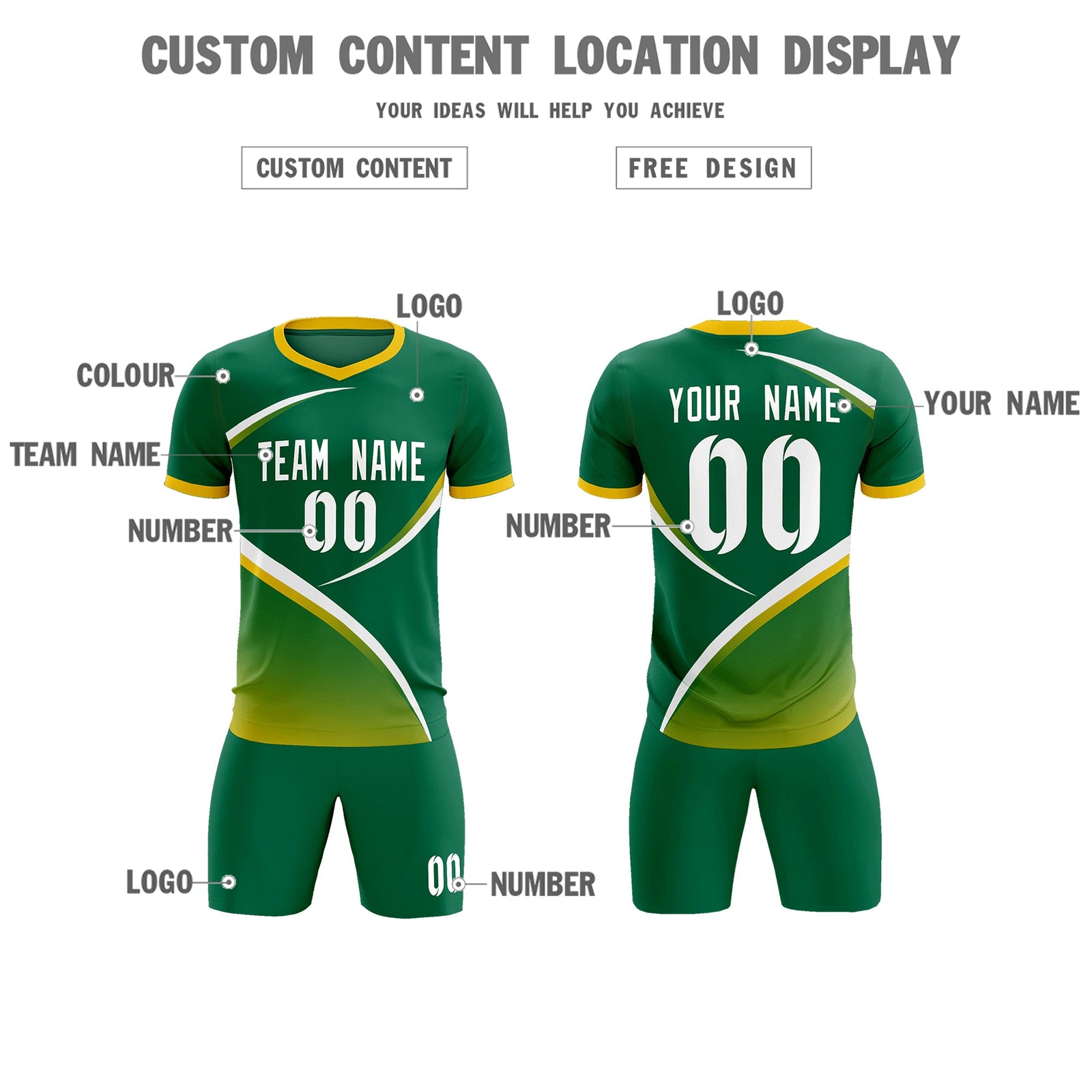Custom Kelly Green Gold Color Block Training Uniform For Men Soccer Sets Jersey
