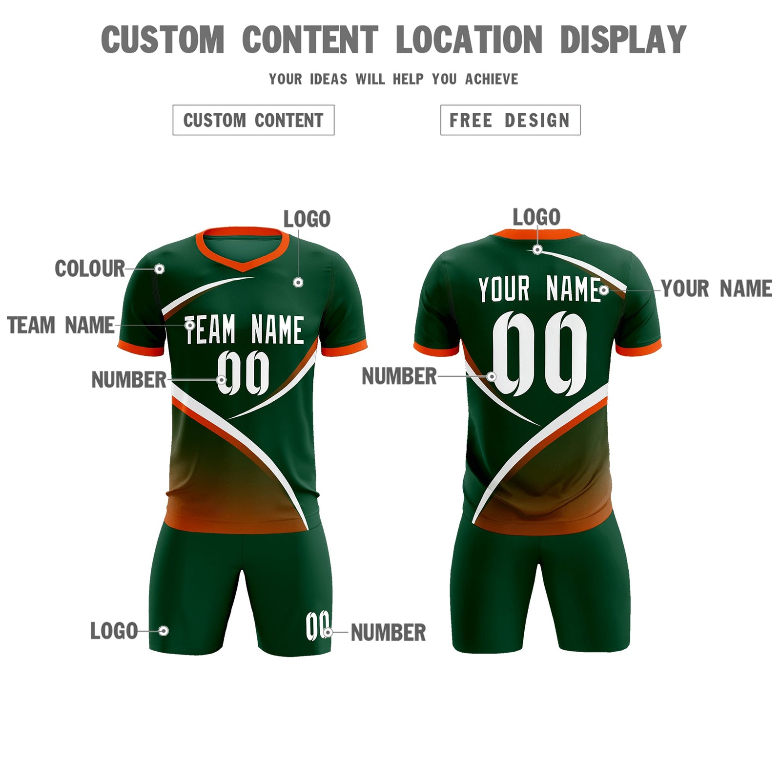 Custom Green Orange Color Block Training Uniform For Men Soccer Sets Jersey