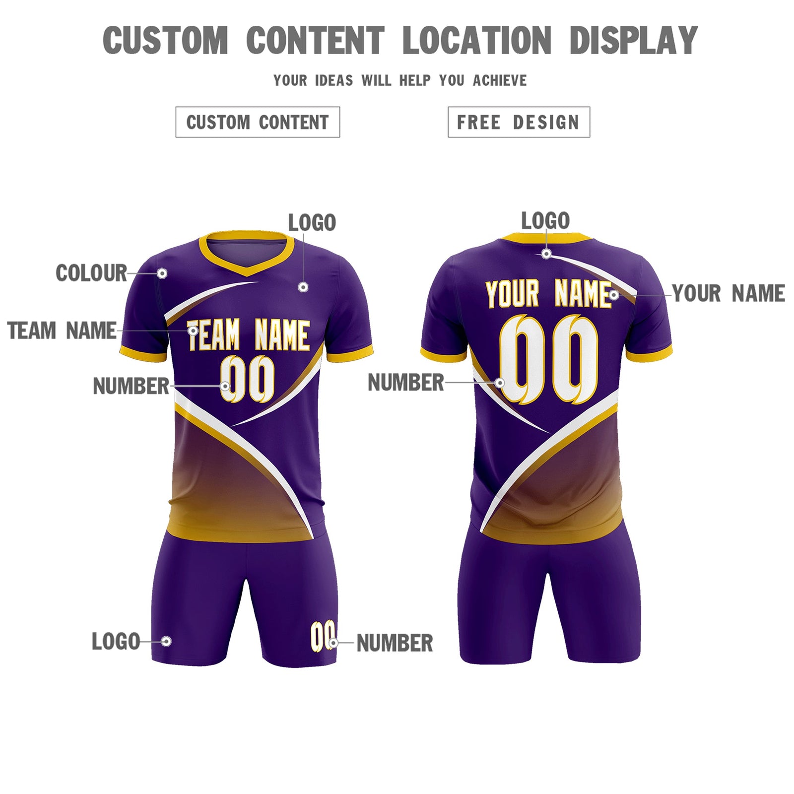 Custom Purple Gold Color Block Training Uniform For Men Soccer Sets Jersey