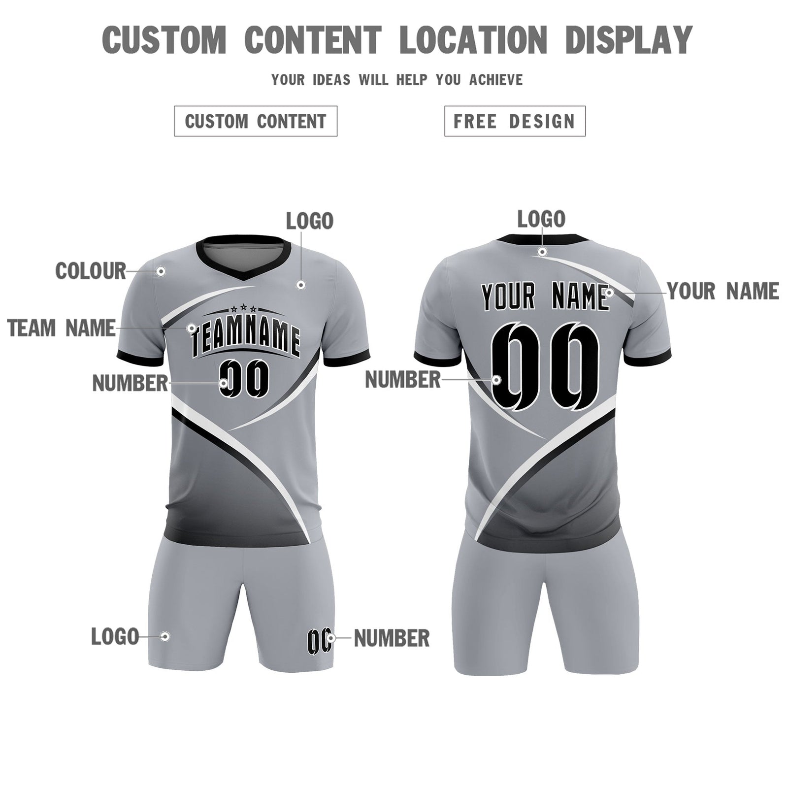 Custom Gray Black Color Block Training Uniform For Men Soccer Sets Jersey