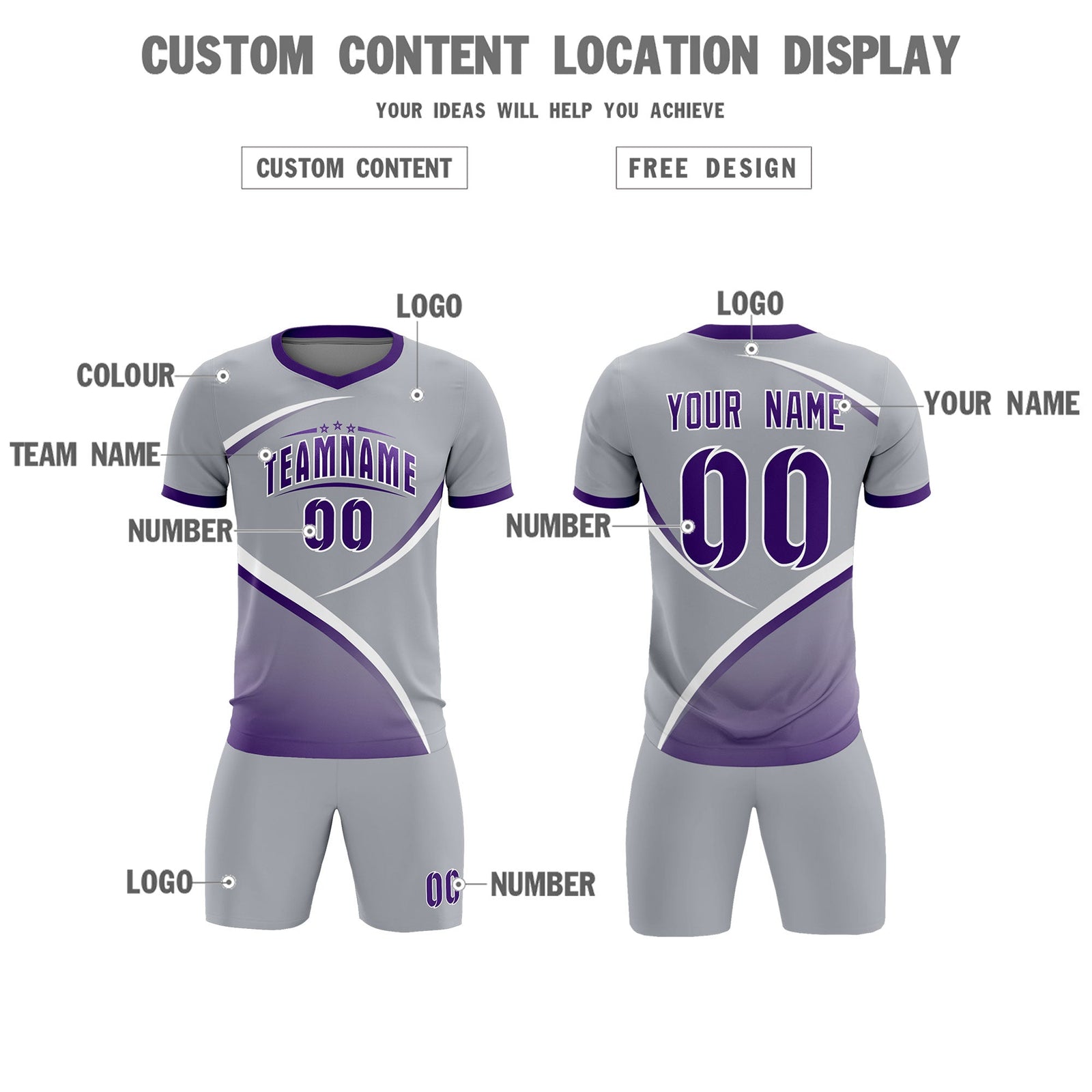 Custom Gray Purple Color Block Training Uniform For Men Soccer Sets Jersey