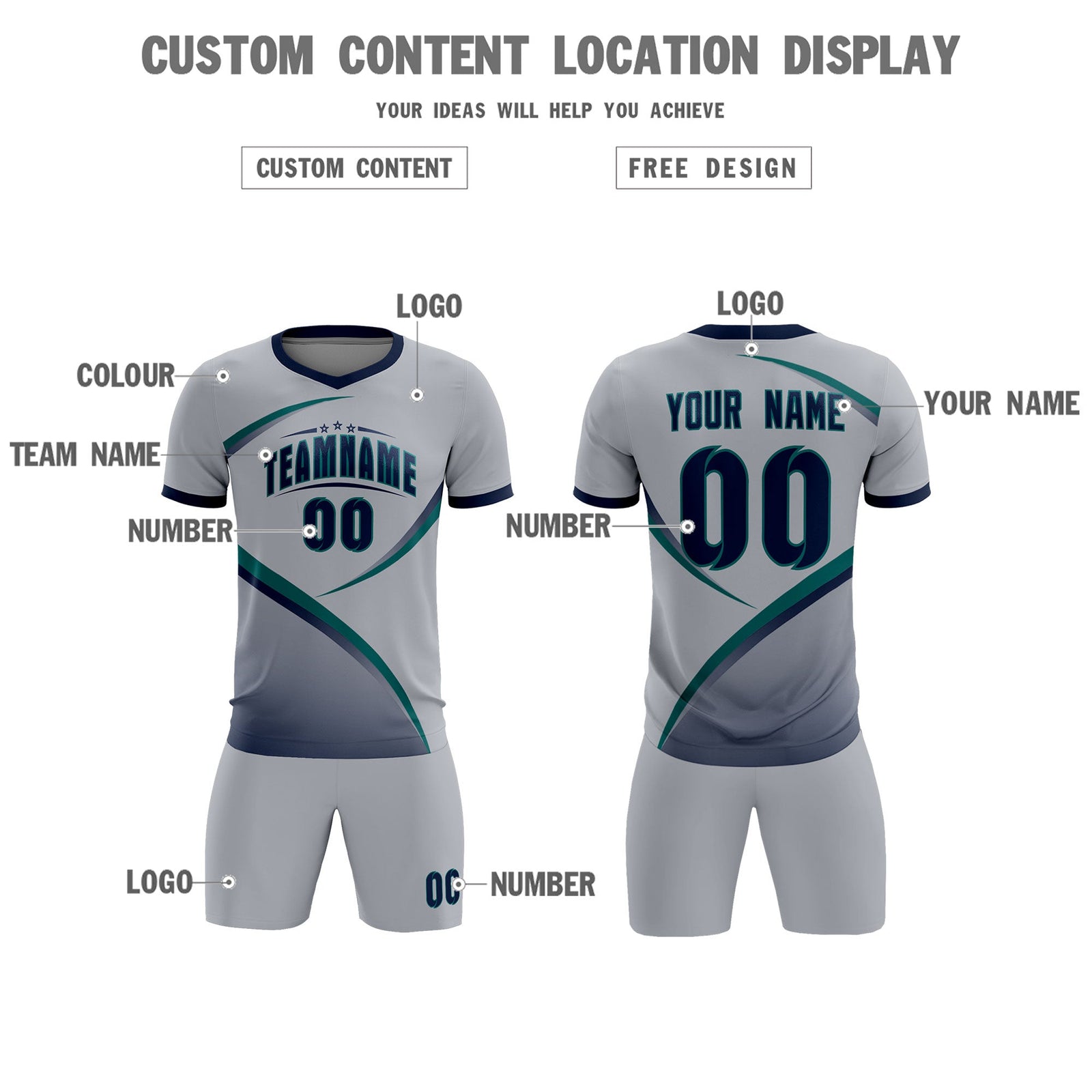 Custom Gray Navy Color Block Training Uniform For Men Soccer Sets Jersey