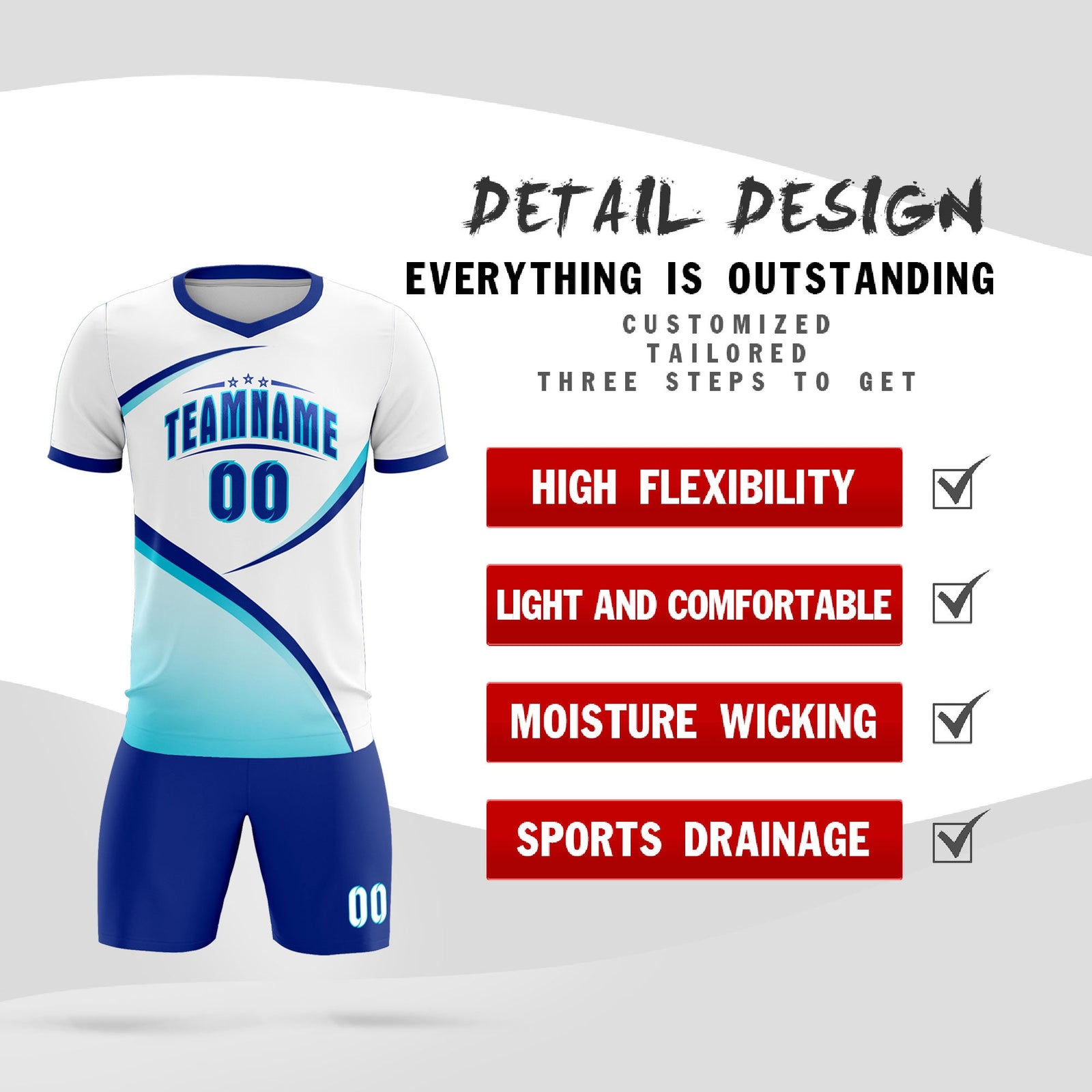 Custom White Sky Blue Color Block Training Uniform For Men Soccer Sets Jersey