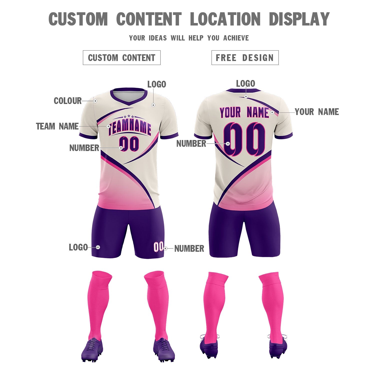 Custom Cream Purple Color Block Training Uniform For Men Soccer Sets Jersey