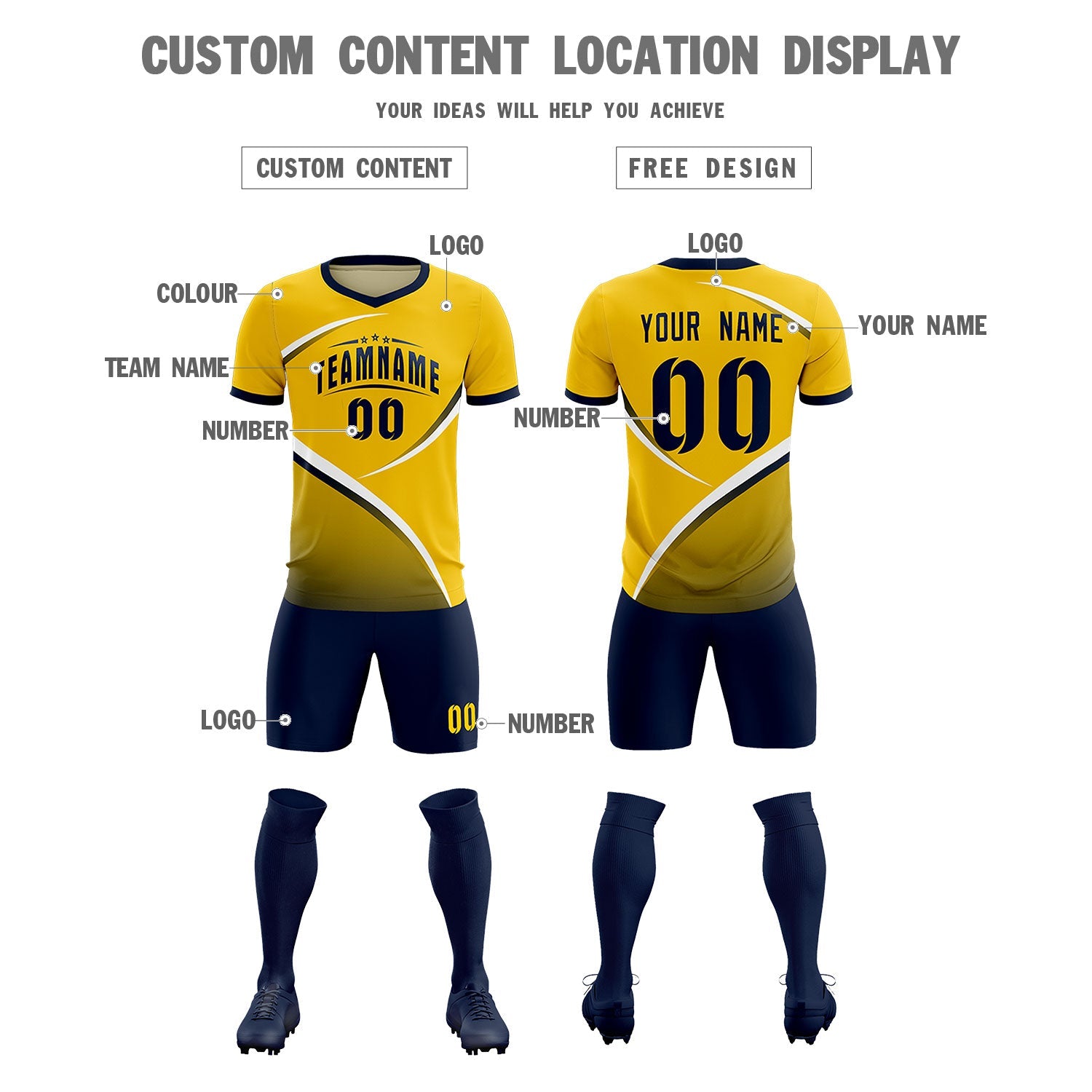 Custom Gold Navy Color Block Training Uniform For Men Soccer Sets Jersey