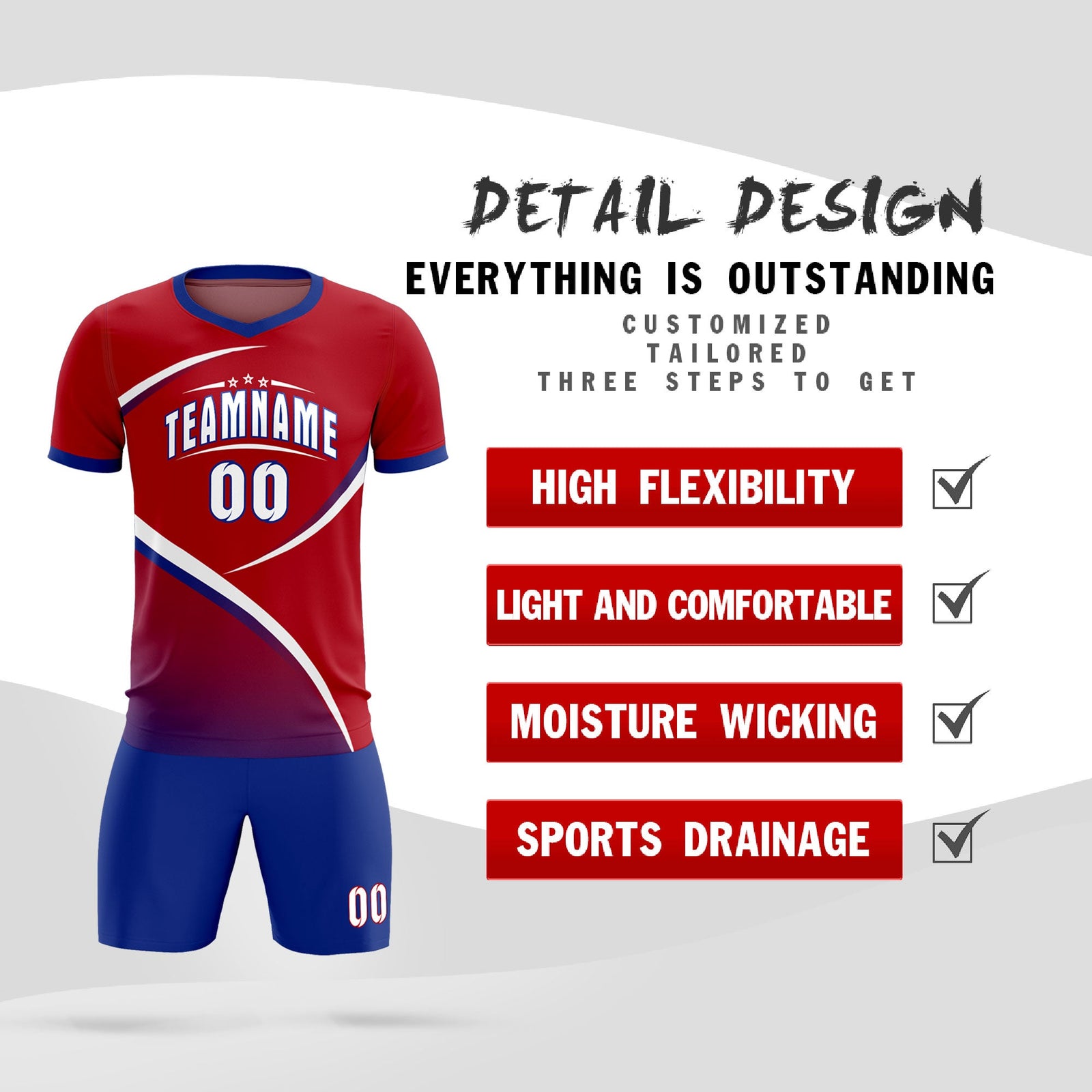 Custom Red Royal Color Block Training Uniform For Men Soccer Sets Jersey