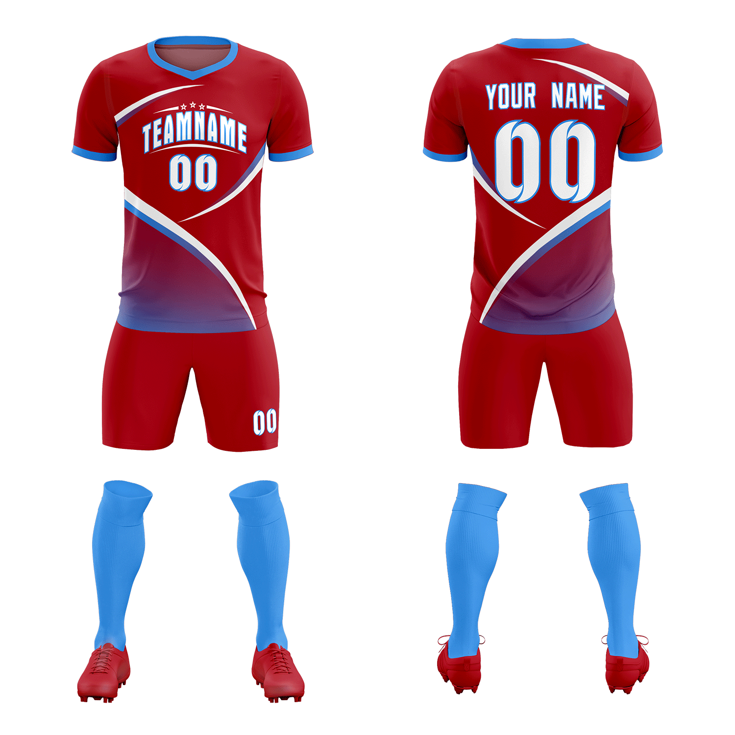 Custom Red Powder Blue Color Block Training Uniform For Men Soccer Sets Jersey