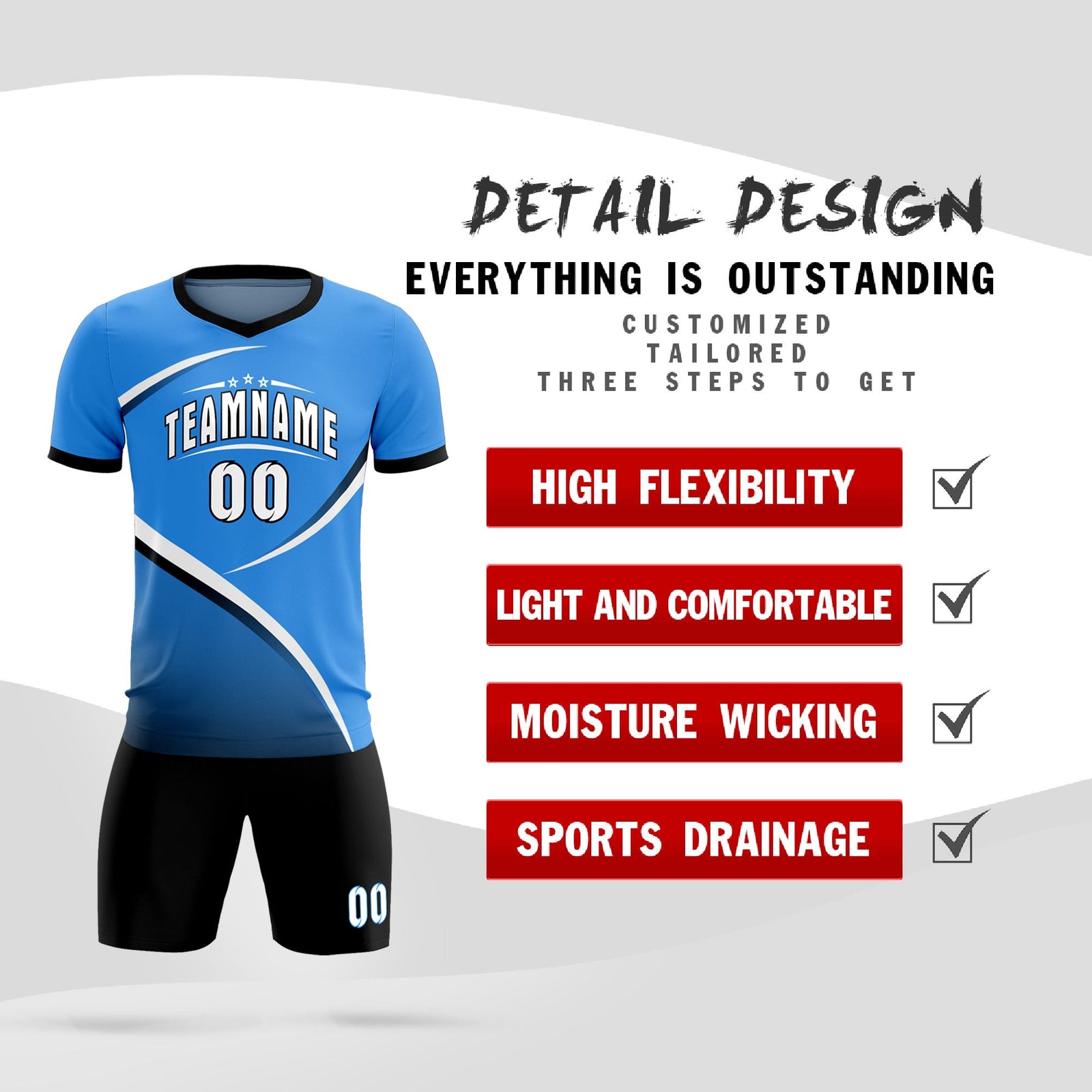 Custom Powder Blue Navy Color Block Training Uniform For Men Soccer Sets Jersey