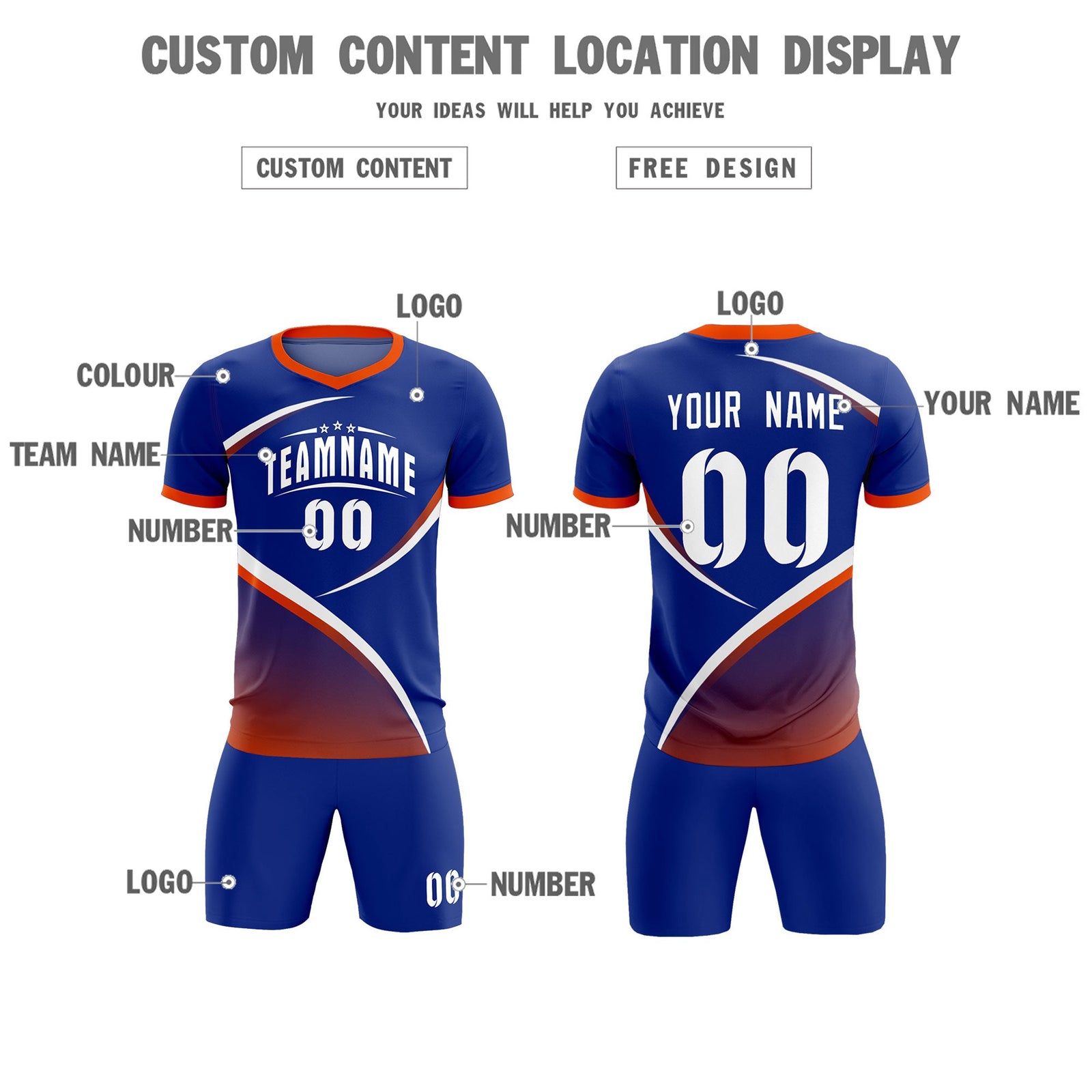 Custom Royal Orange Color Block Training Uniform For Men Soccer Sets Jersey