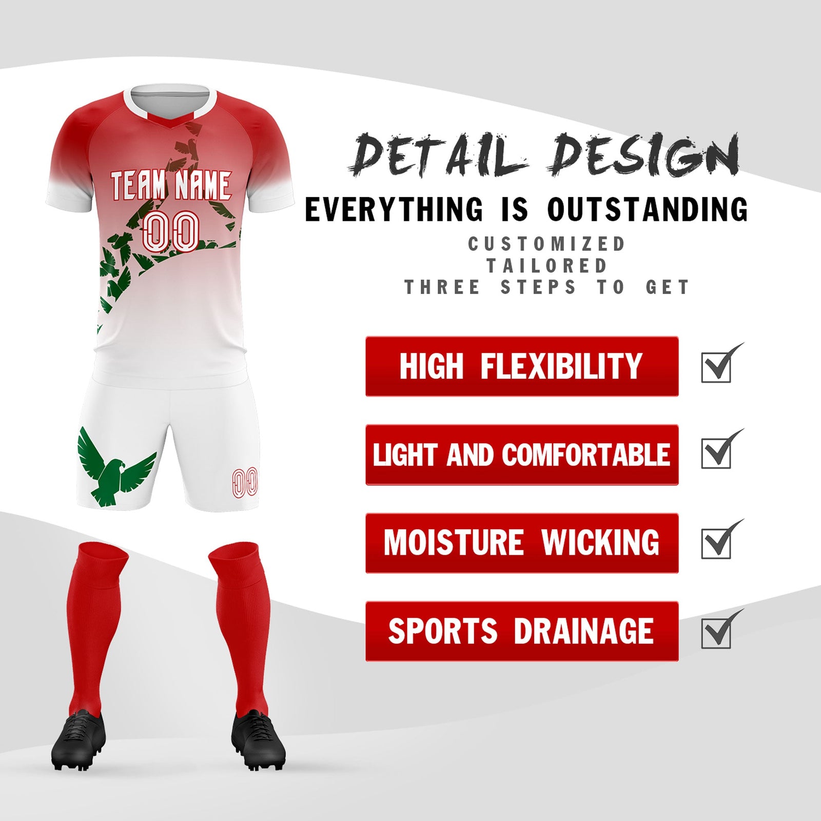 Custom Red Kelly Green Mexico Eagle World Cup Inspired Breathable Gradient Fashion Soccer Sets Jersey