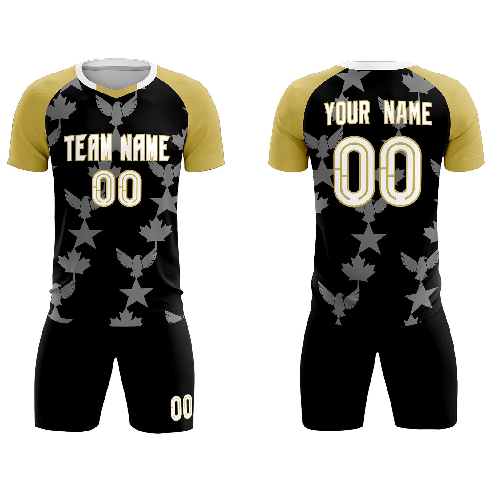 Custom Old Gold Black World Cup Inspired Breathable&Quick-Drying Training Uniform Raglan Sleeve Soccer Sets Jersey