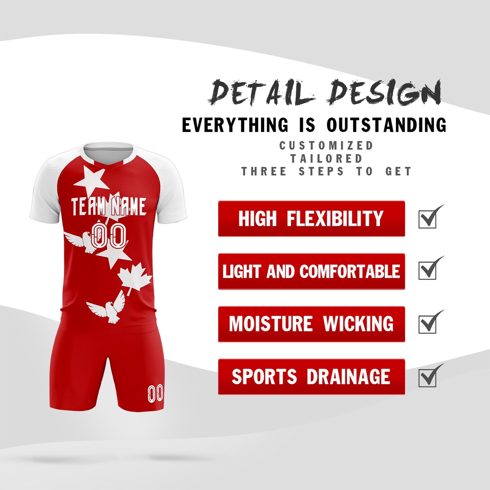 Custom White Red World Cup Inspired Lightweight&Drapable Training Uniform Raglan Sleeve Soccer Sets Jersey