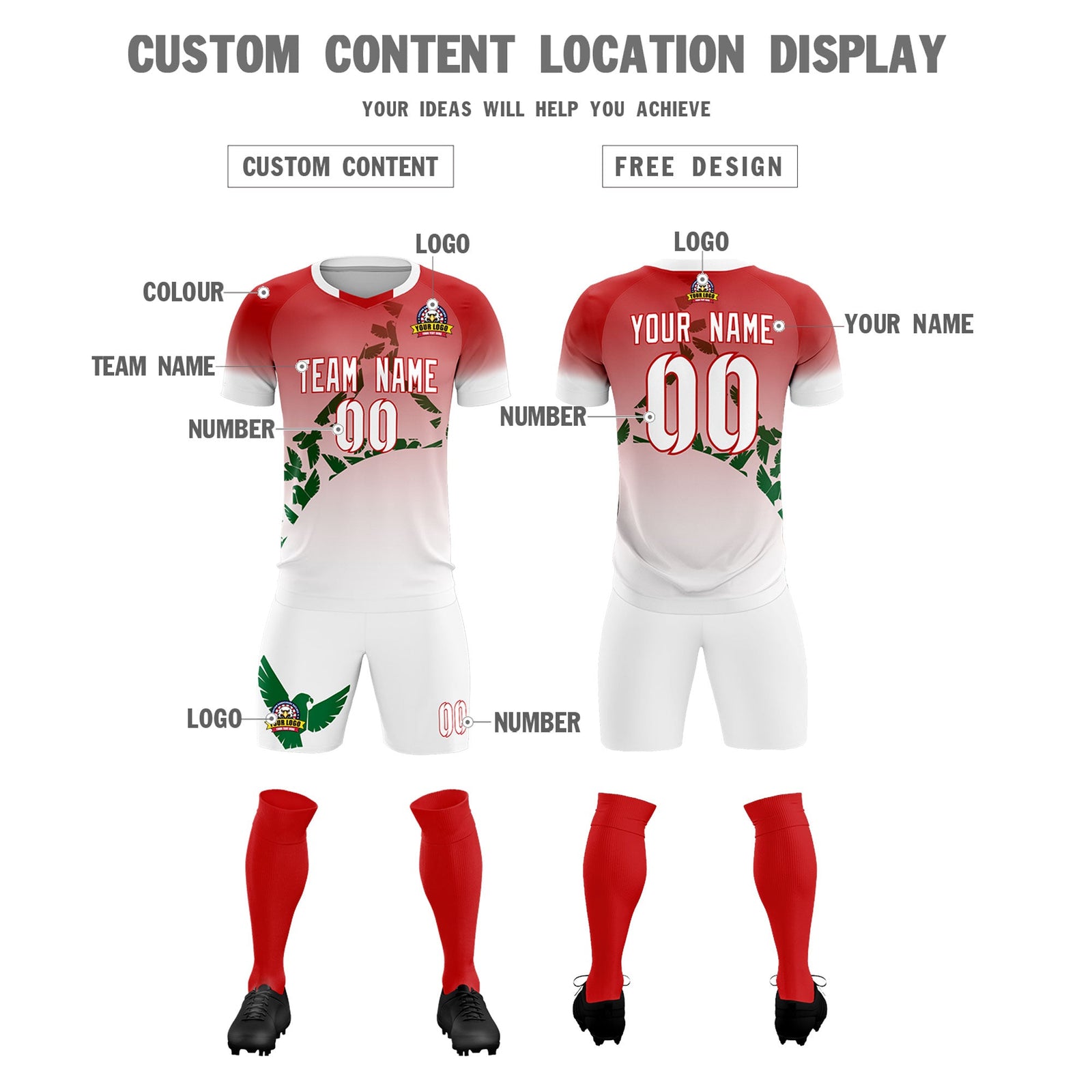 Custom Red Kelly Green Mexico Eagle World Cup Inspired Breathable Gradient Fashion Soccer Sets Jersey